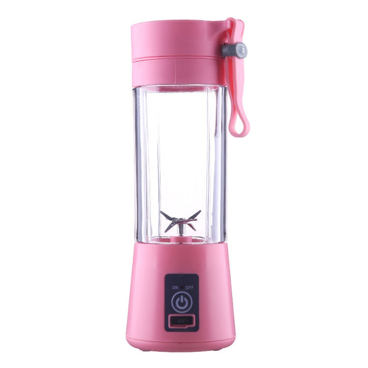 Ein kleiner pinker Mixer mit durchsichtigem Behälter und silbernen Klingen.