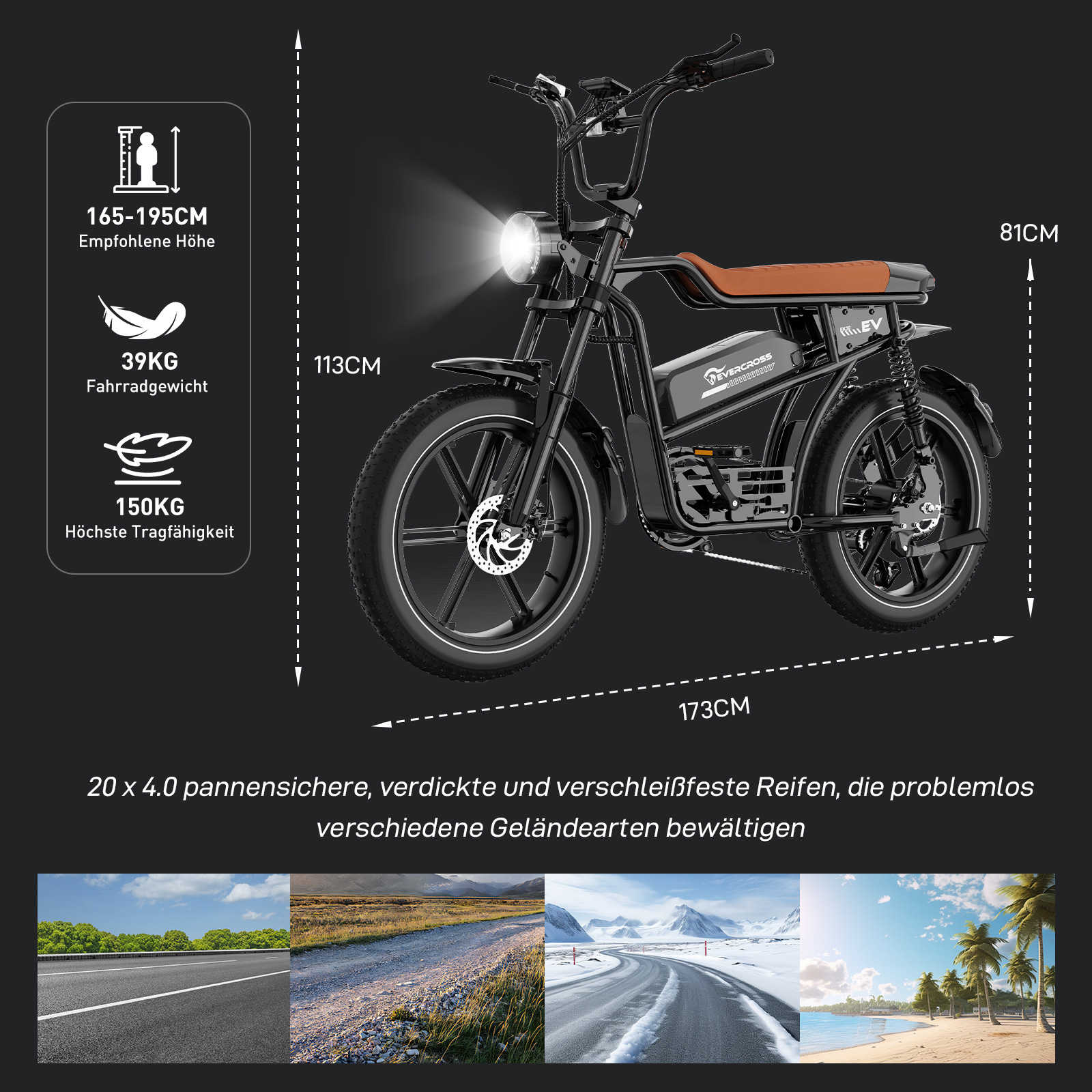 Ein schwarzes E-Bike mit braunem Sitz, Maße und Geländebilder.