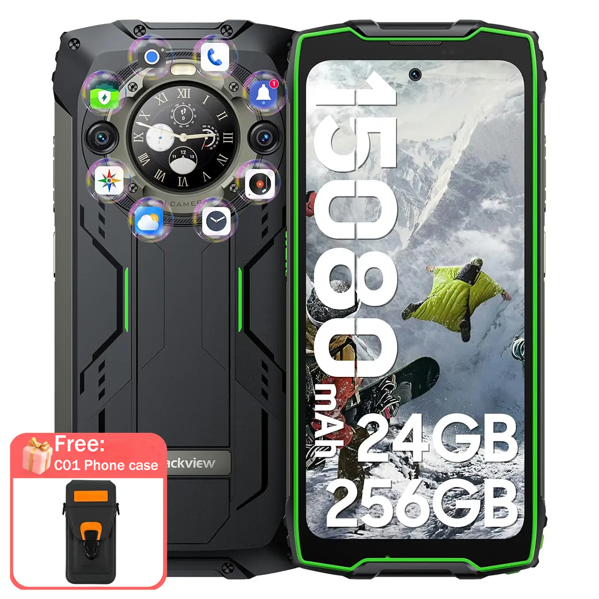 Teléfono negro con detalles verdes. Atrás: lente de cámara y apps. Frente: 15080 mAh, 24GB, 256GB.