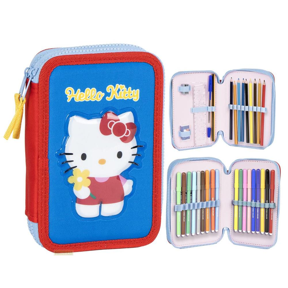 Ein blaues Federmäppchen mit Hello Kitty, Buntstiften, Filzstiften und Lineal.