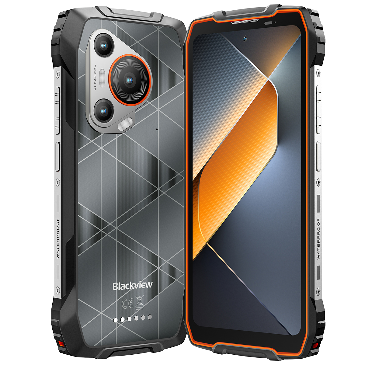 Due smartphone robusti uno accanto all'altro, retro con fotocamere e motivo, fronte mostra schermo.