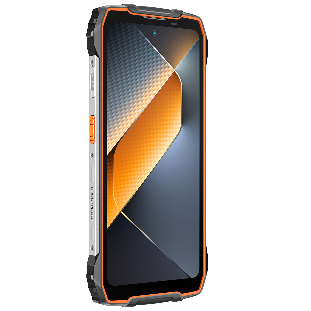 Teléfono inteligente resistente con borde naranja y carcasa negra.