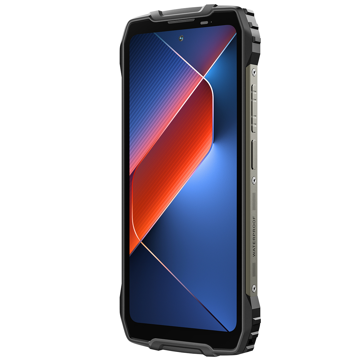 Teléfono inteligente robusto con carcasa negra y marca impermeable.