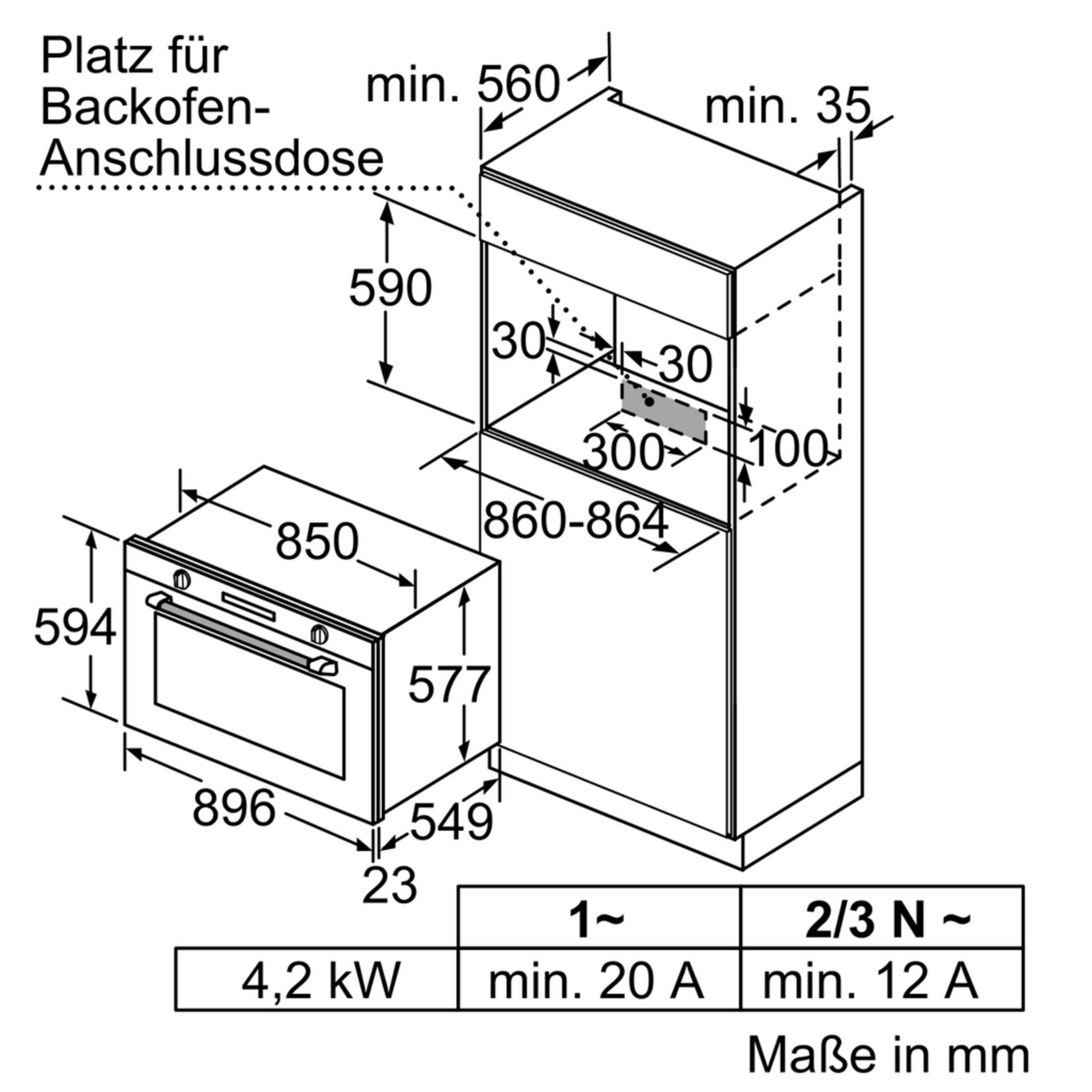 Installation drawing of an oven with dimensions and connection details.