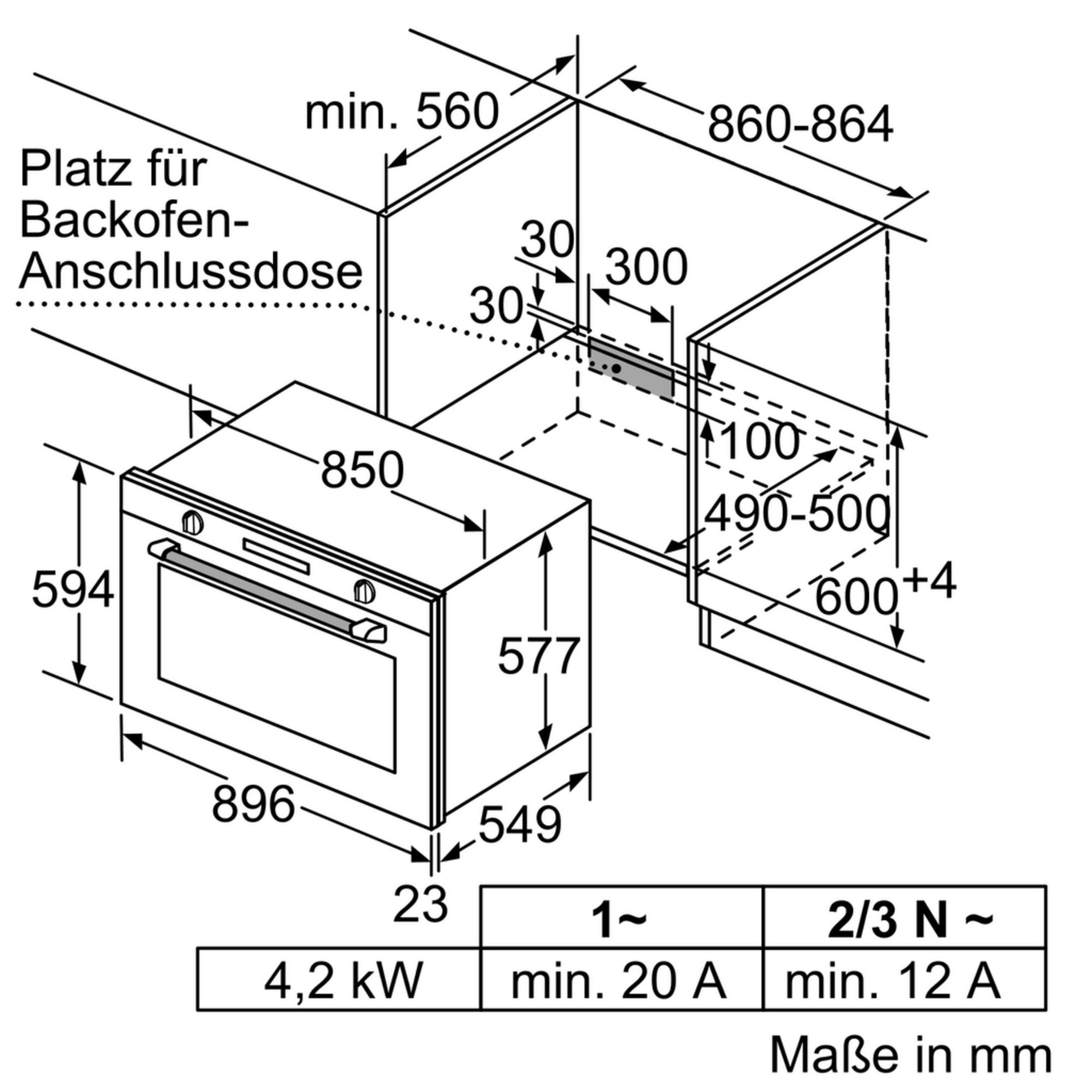 Technical drawing of a built-in oven with dimensions and connection details.