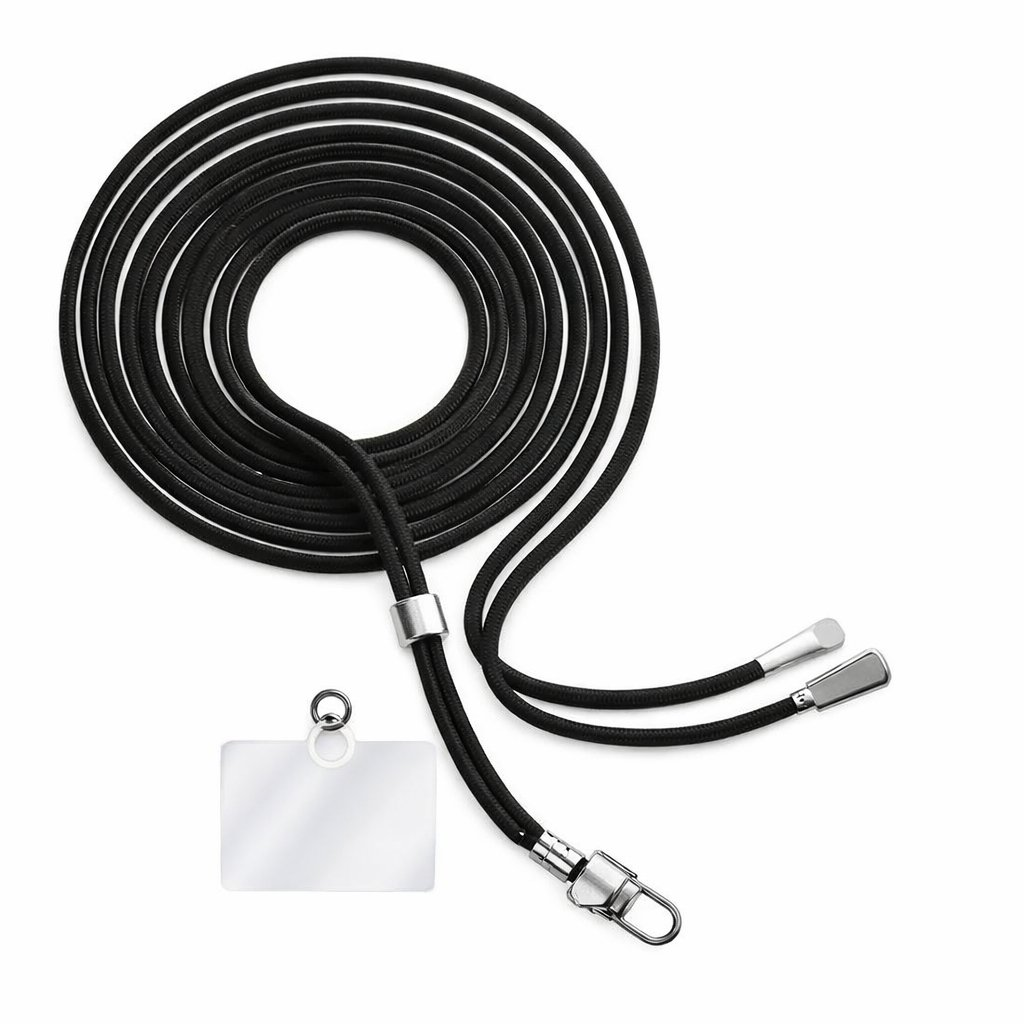 Cordón negro con extremos plateados y un soporte transparente.