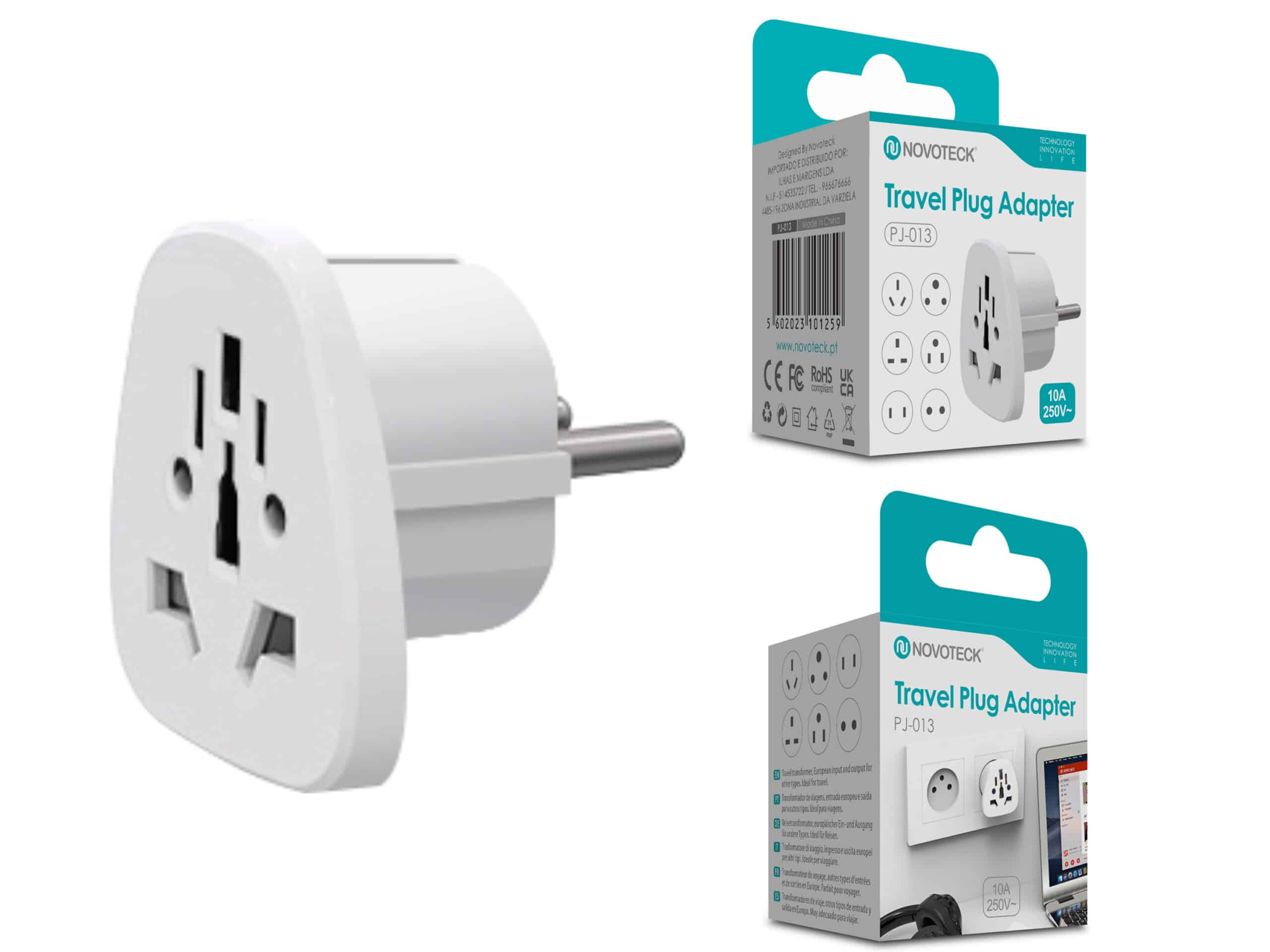 Un adaptador de viaje blanco con múltiples enchufes y un solo enchufe.