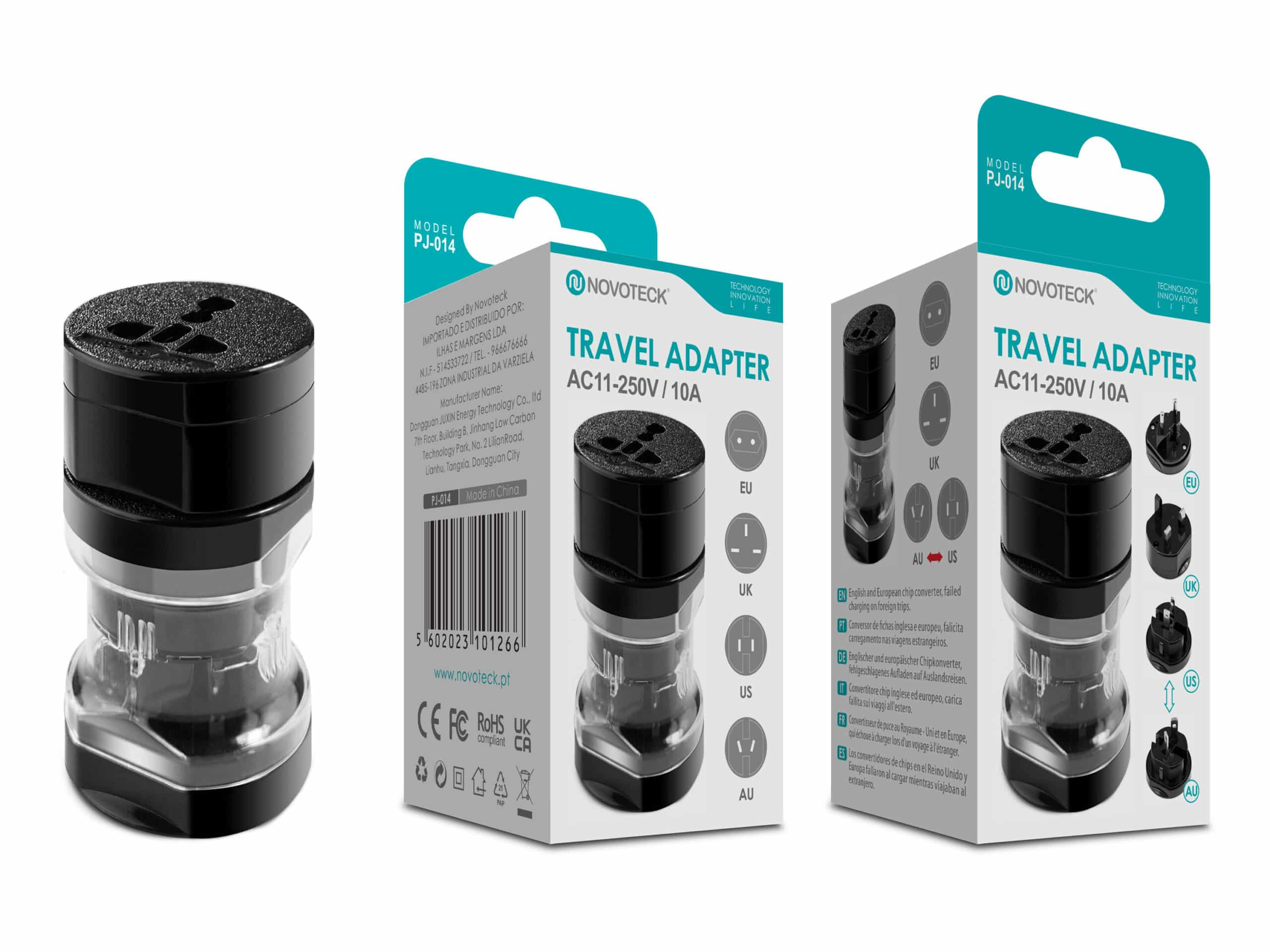 Adaptador de viaje Novoteck PJ-014 con varios tipos de enchufe.