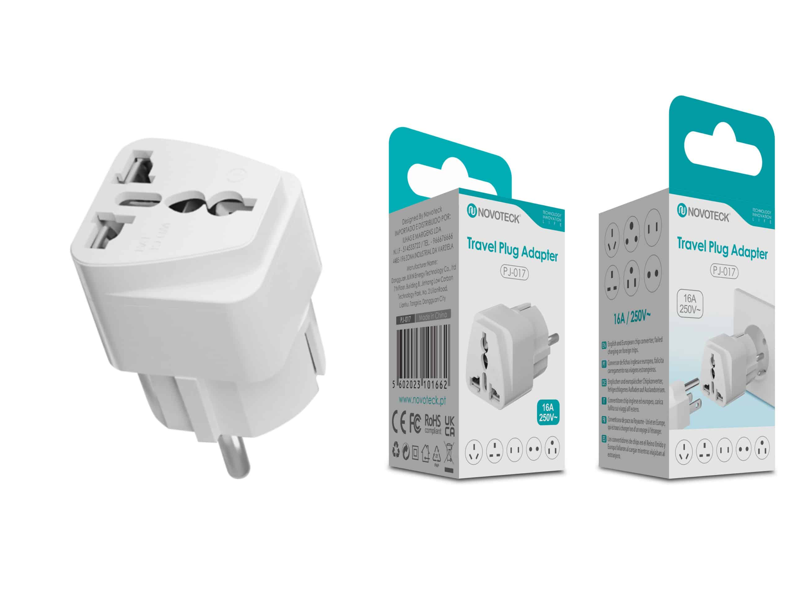 Un adaptador de viaje blanco Novoteck PJ-017 con varios tipos de enchufe.