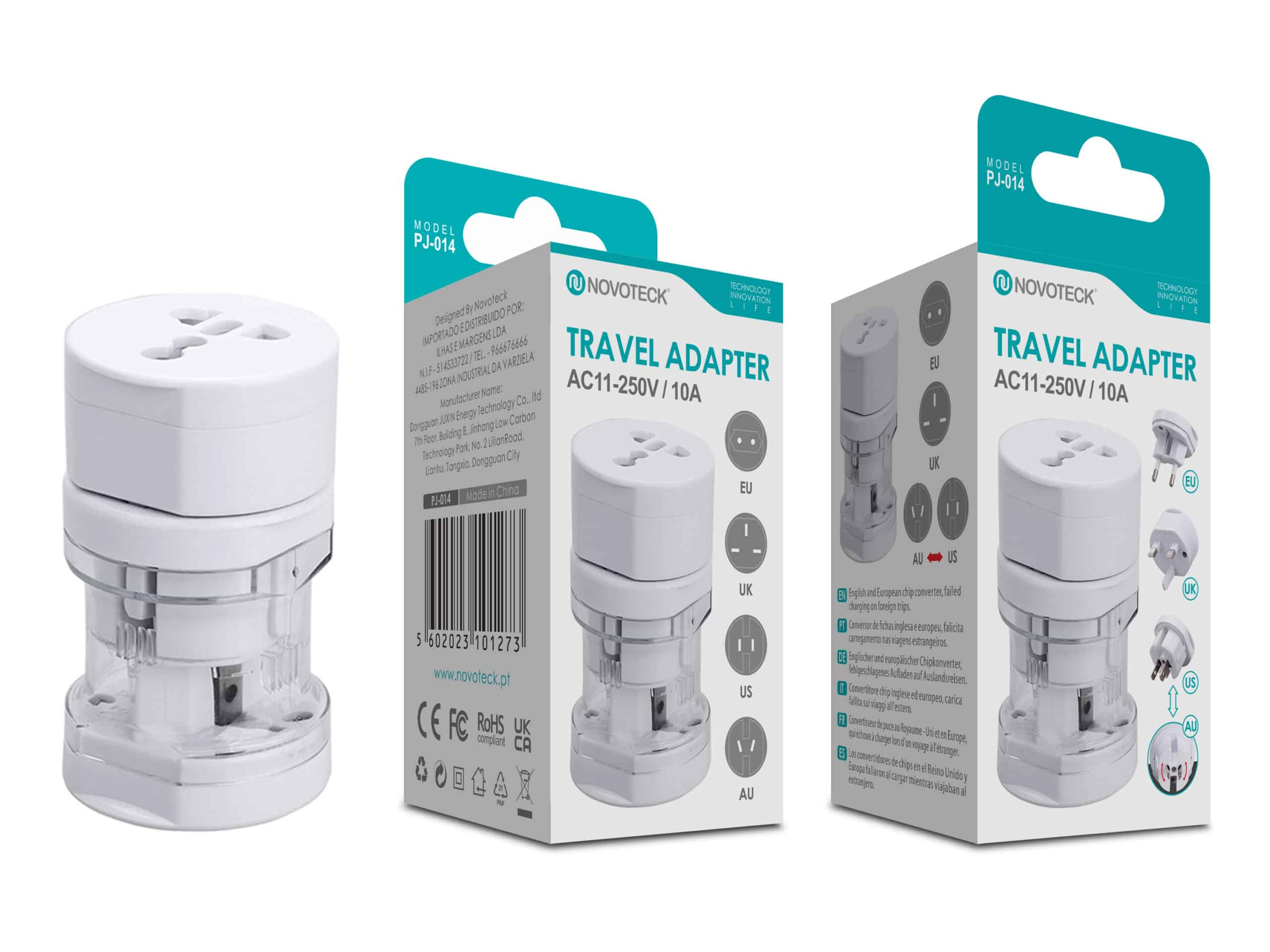 Un adaptador de viaje blanco Novoteck PJ-014 con varios tipos de enchufe.