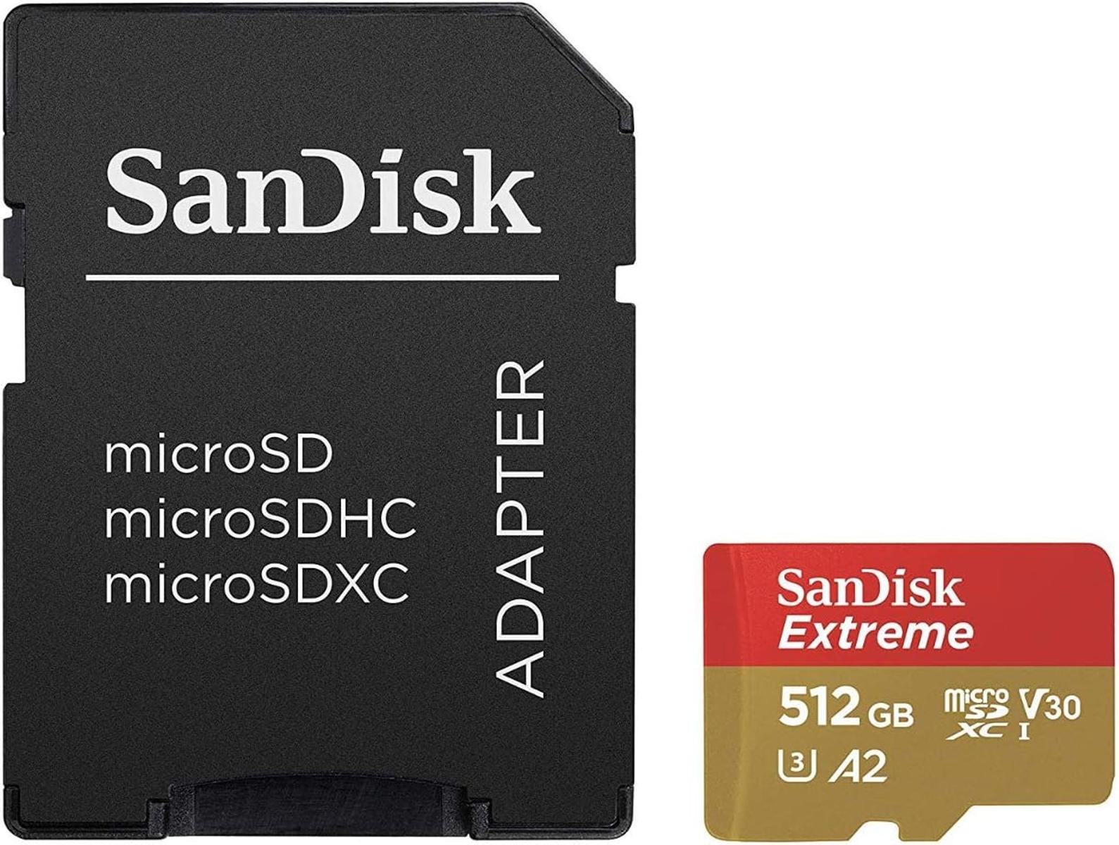 Adaptador microSD SanDisk y tarjeta microSDXC Extreme de 512 GB con clasificación V30 y A2.