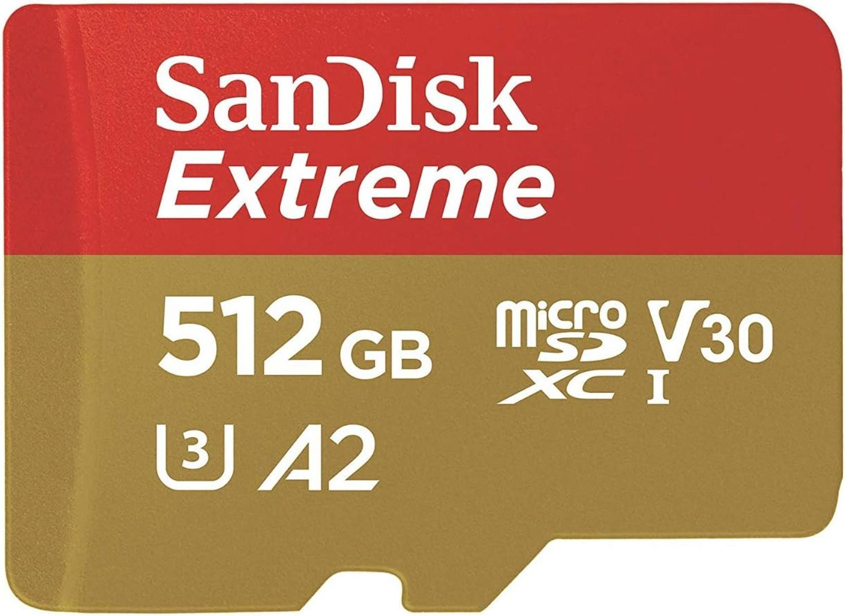 Tarjeta SanDisk Extreme 512GB MicroSDXC con marcas V30 y A2.