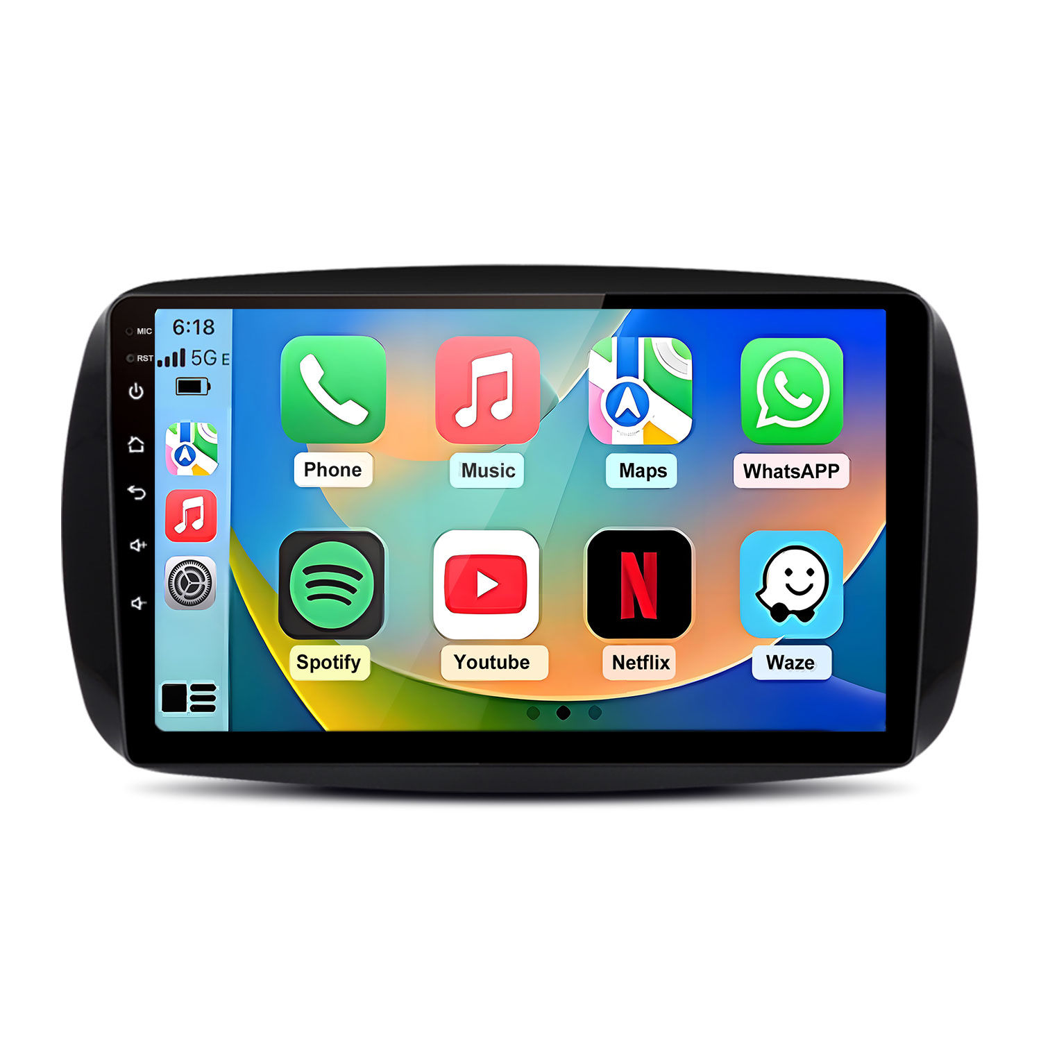 Ein Infotainment-Bildschirm zeigt App-Symbole wie Telefon, Musik, Karten, WhatsApp, Spotify, YouTube, Netflix, Waze.