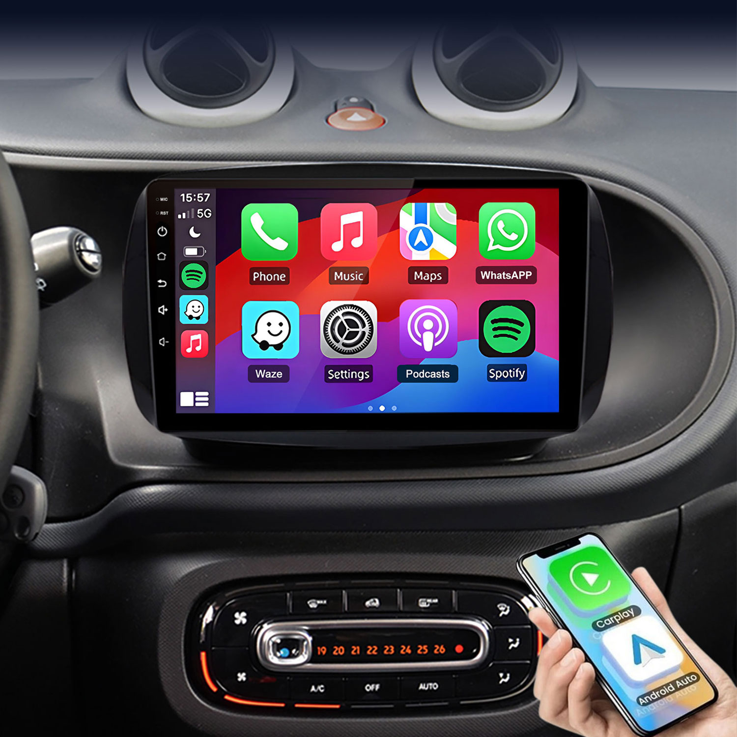 Auto-Infotainmentsystem mit Smartphone-Integration und App-Icons.