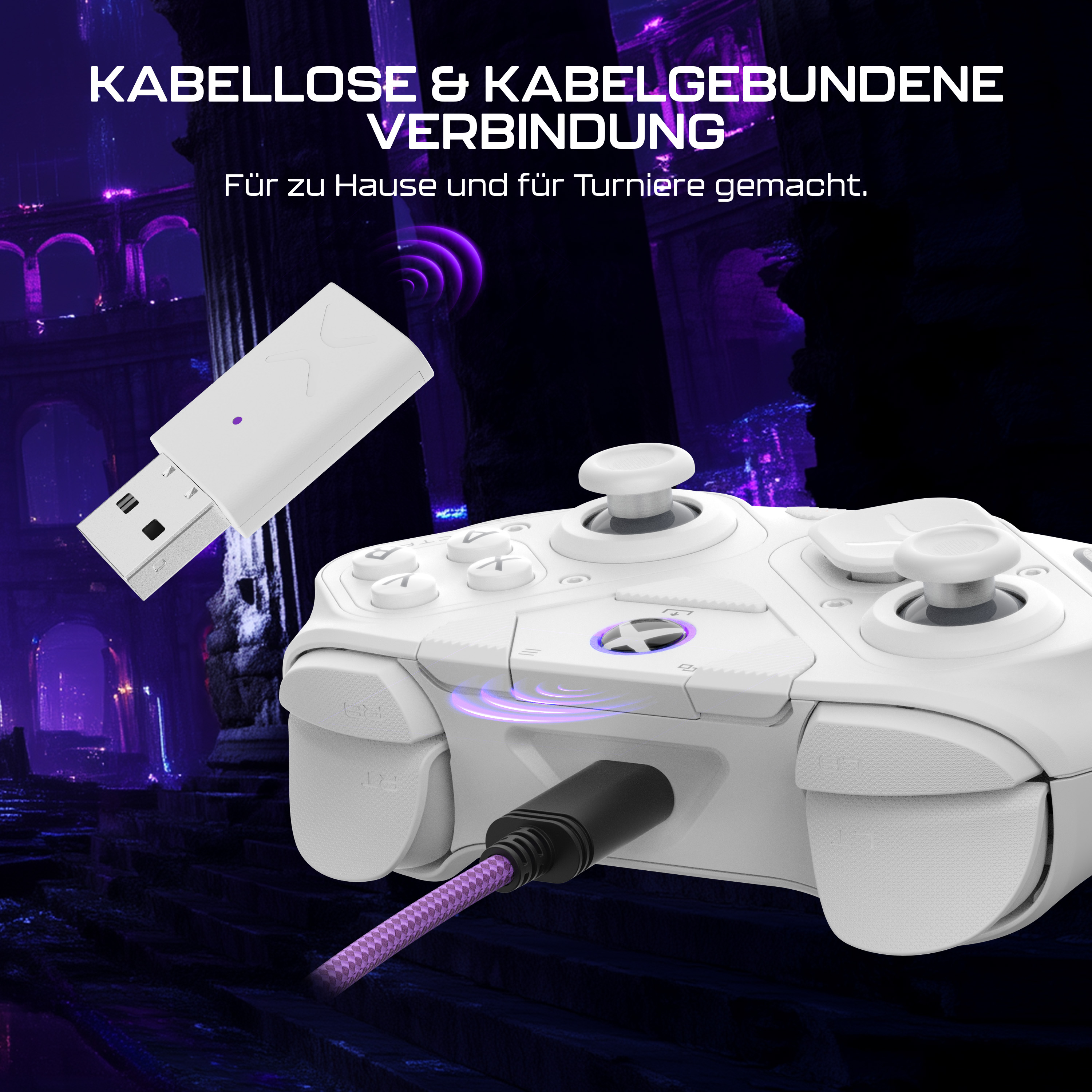 Un controller bianco con dongle USB e cavo viola, su sfondo scuro.