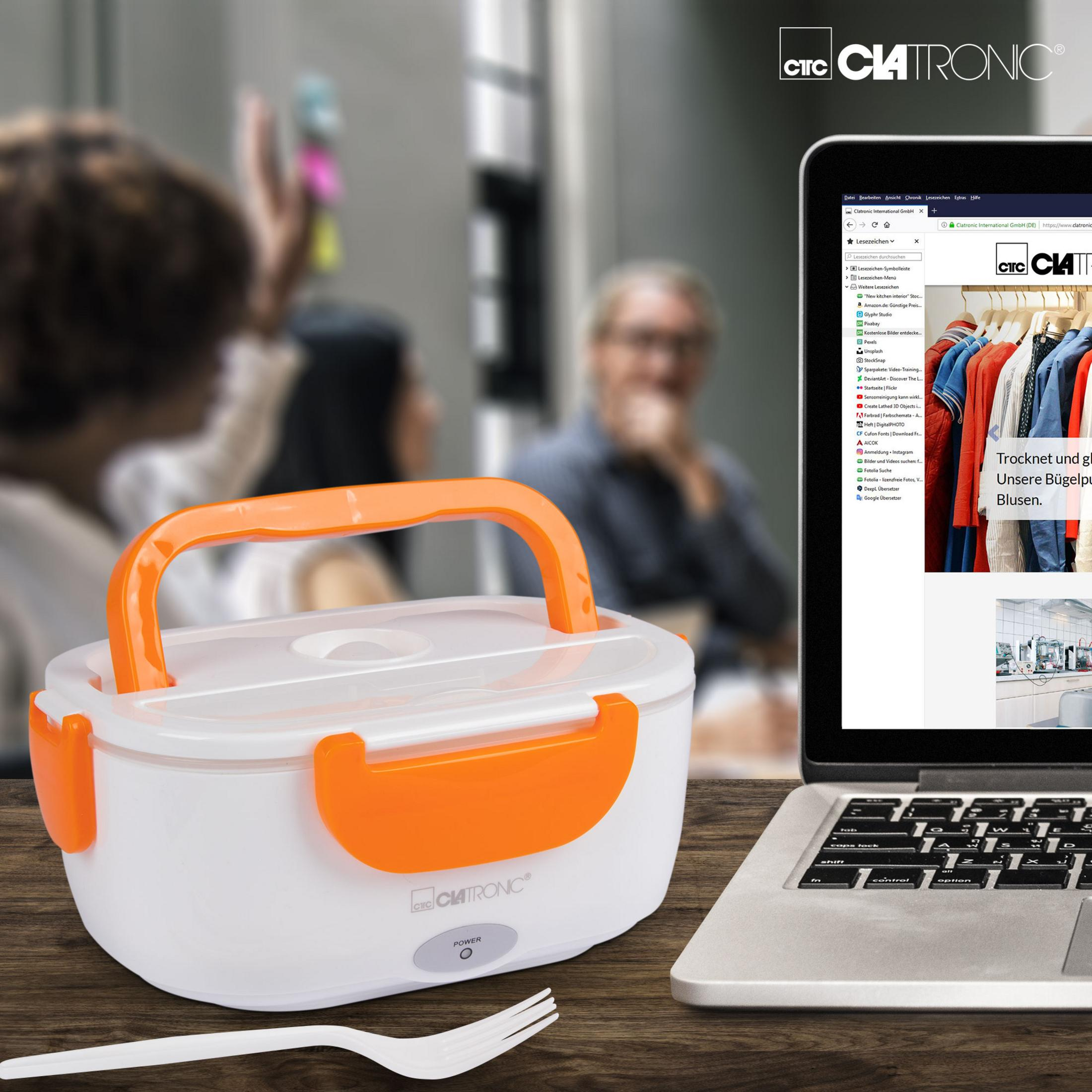 Biały pojemnik na lunch z pomarańczowym uchwytem i widelcem stoi obok laptopa.