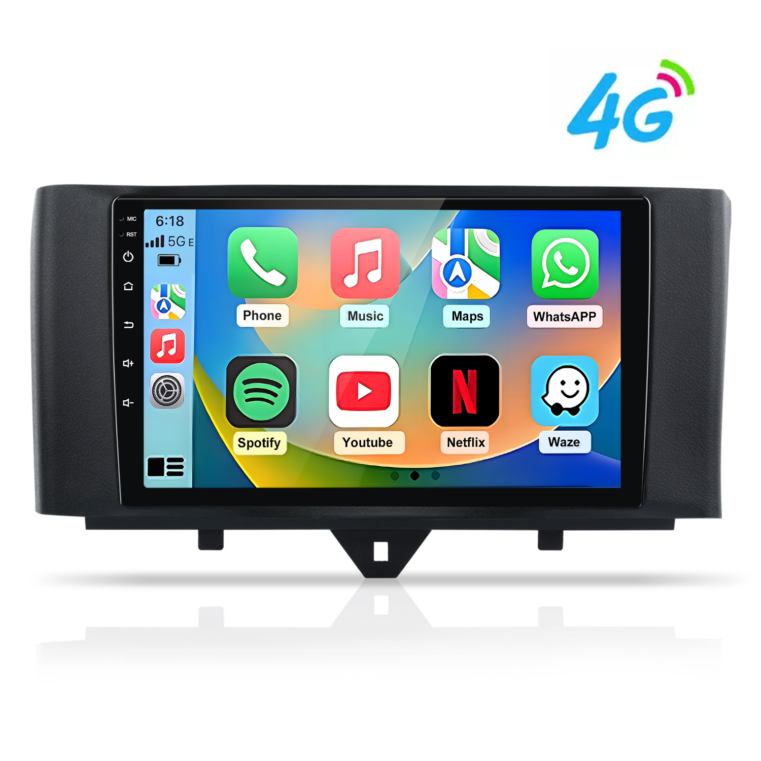 Schermo di un autoradio mostra icona 4G e icone app come Telefono, Musica, Mappe, WhatsApp, Spotify, YouTube, Netflix e Waze.