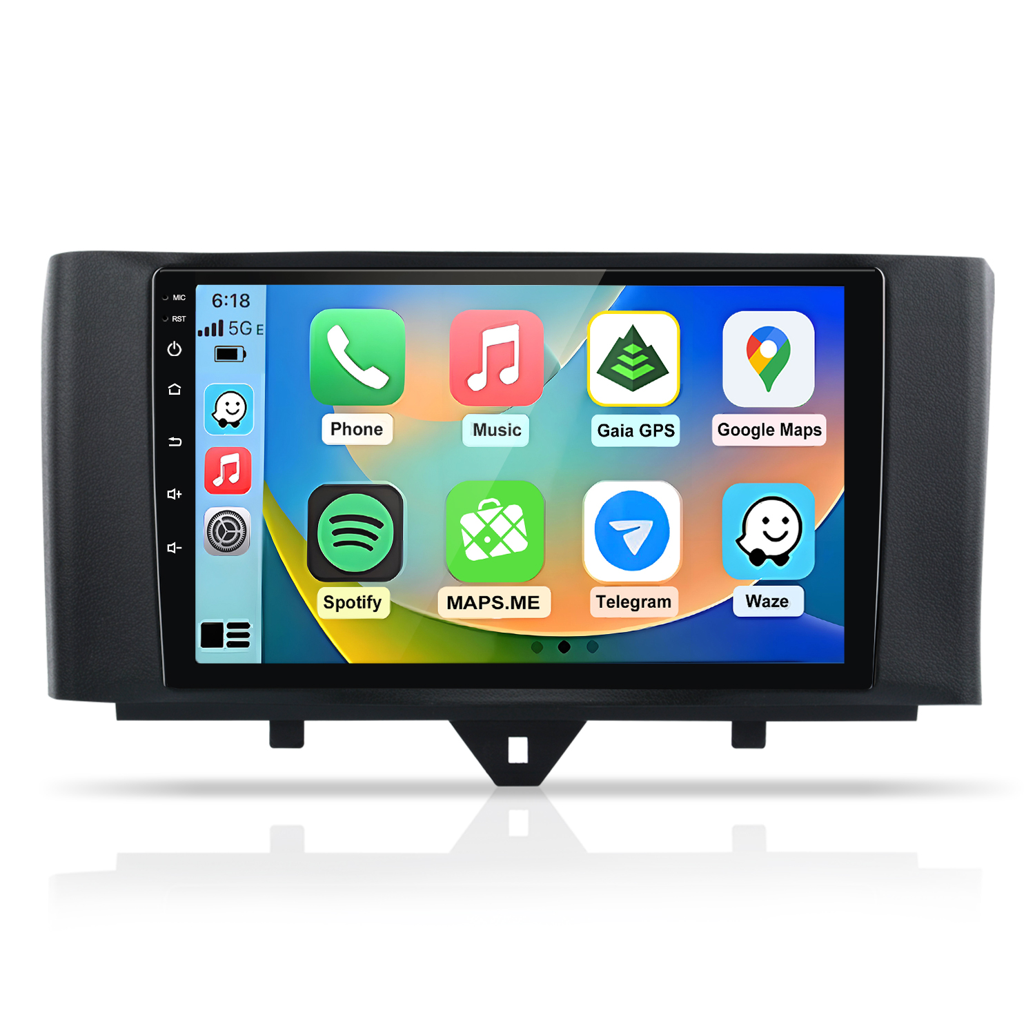 Schermo autoradio con icone app: Telefono, Musica, Gaia GPS e Google Maps.