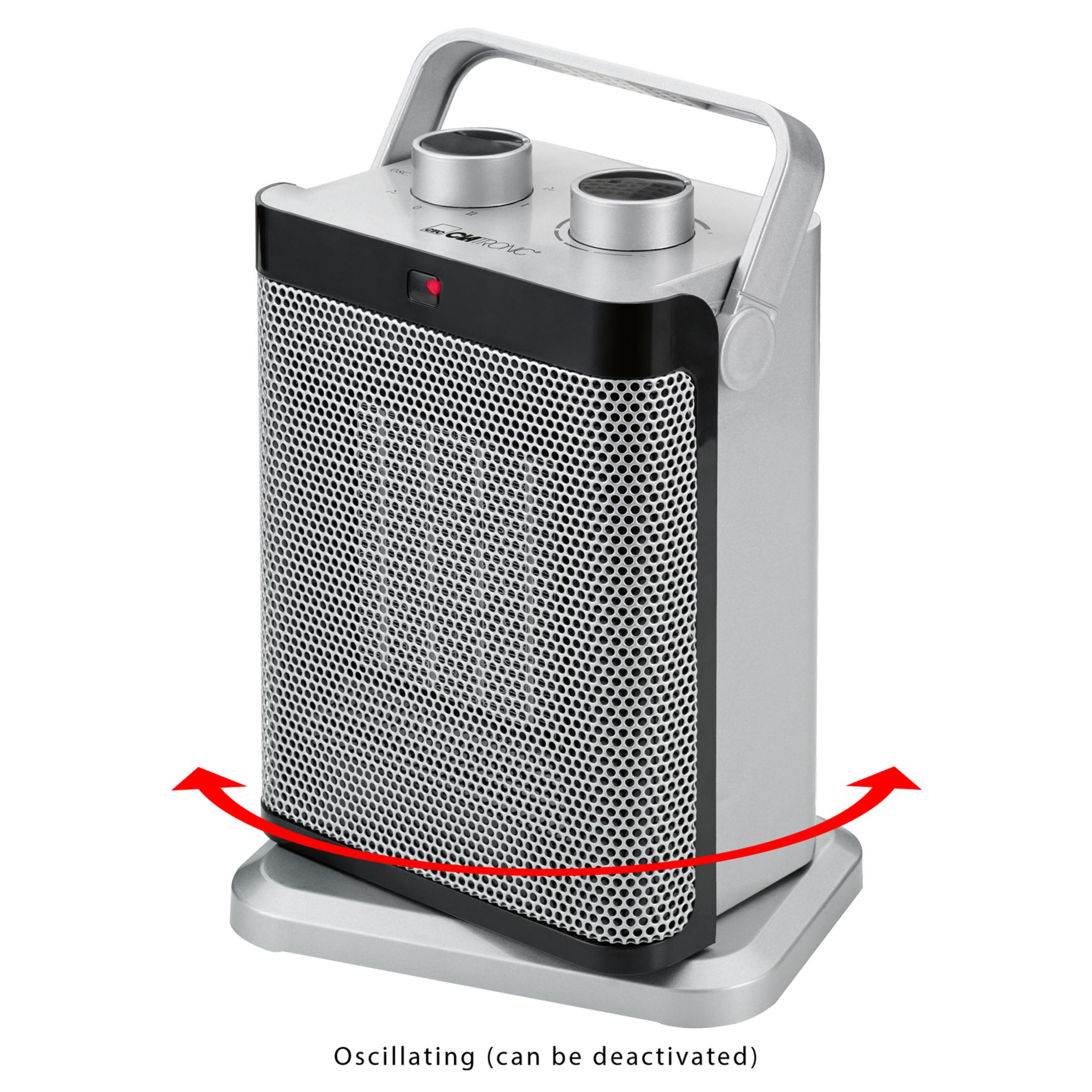 Srebrny grzejnik z czarnymi elementami sterującymi i czerwoną strzałką.