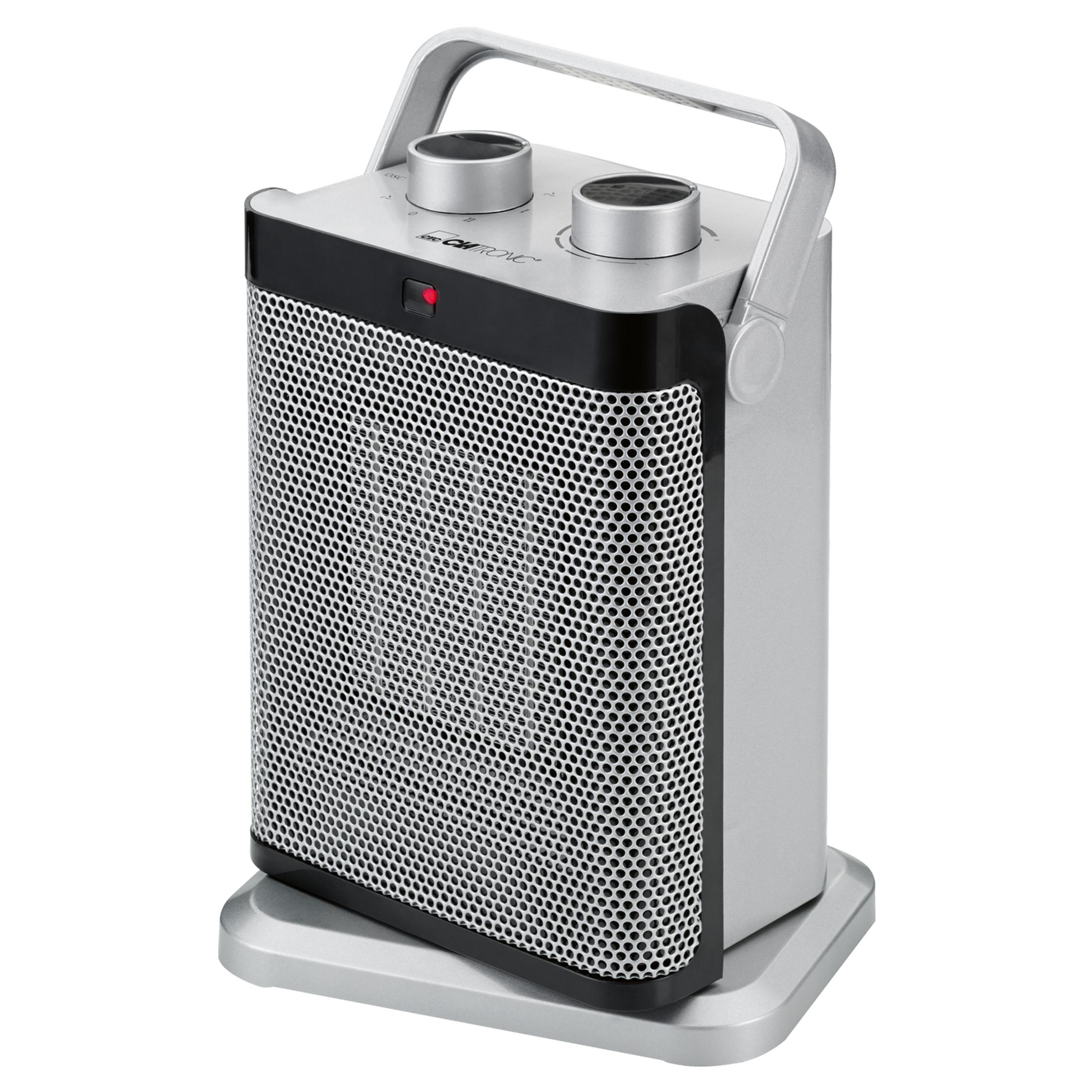 Srebrny grzejnik ceramiczny z czarną wstawką i dwoma pokrętłami.