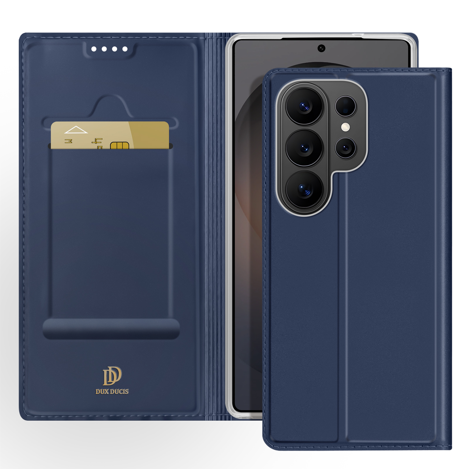 Custodia blu scuro per telefono con slot per carte e smartphone a tre fotocamere.