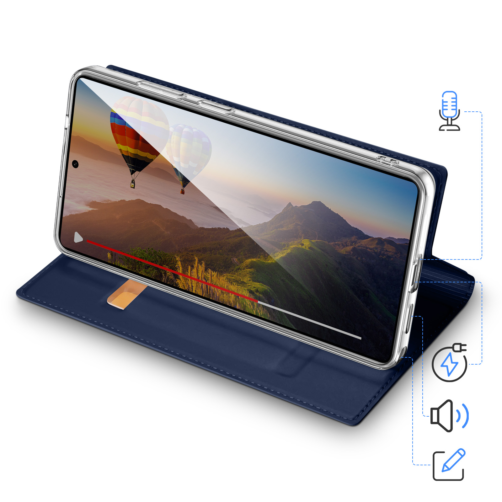 Custodia blu per telefono con video di palloni.