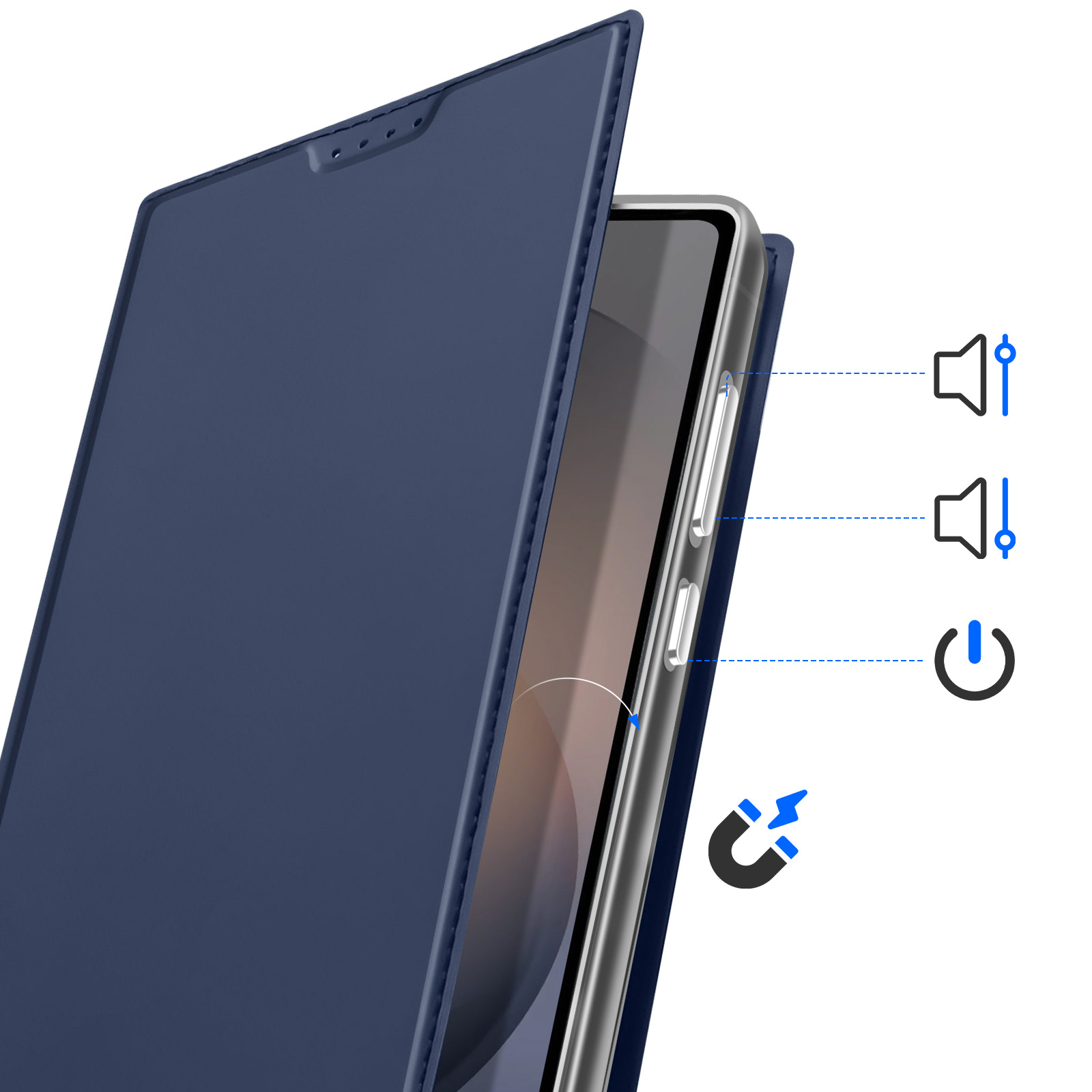 Custodia blu scuro per telefono con pulsanti volume, accensione e icona magnete.