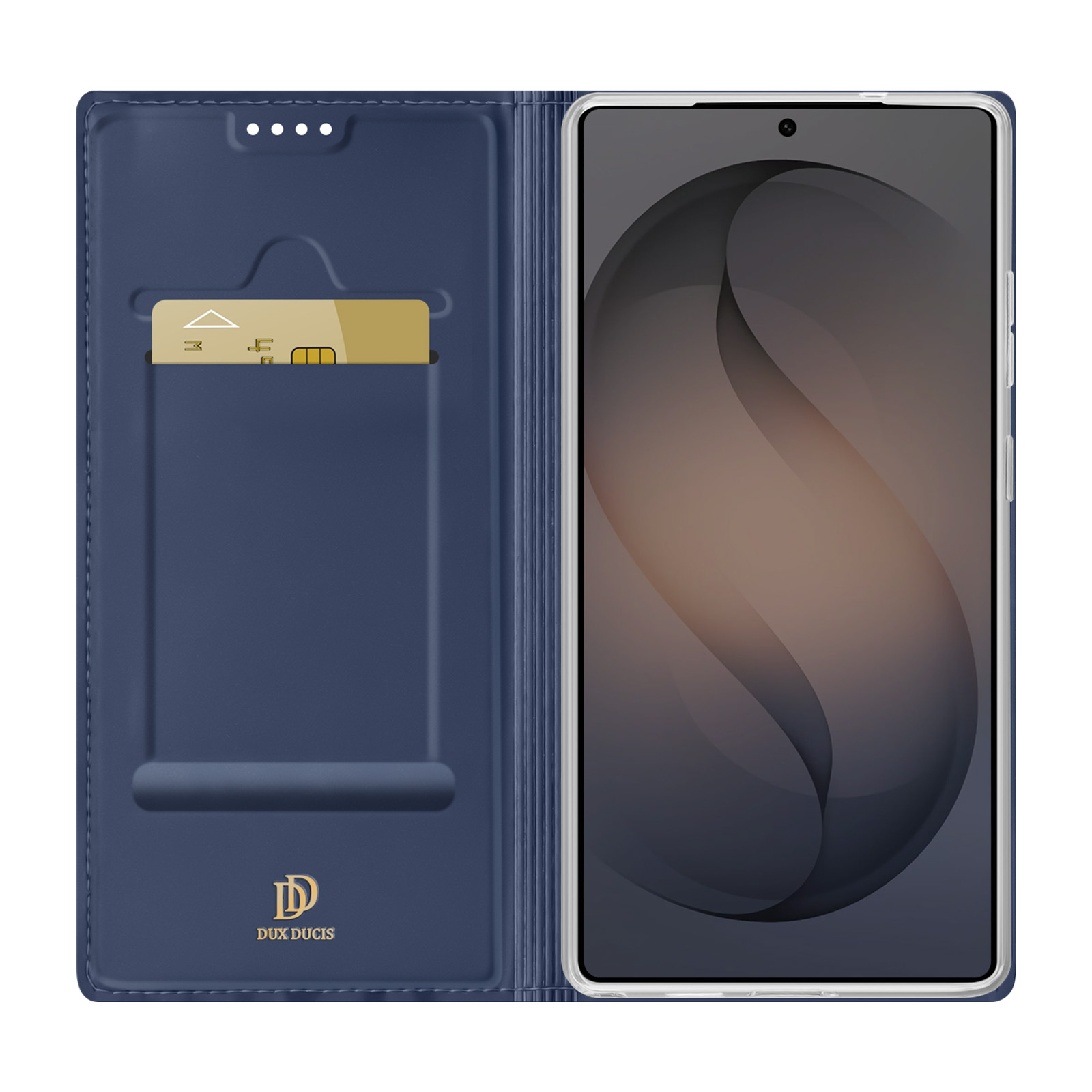 Custodia blu scuro per telefono con slot per carte e chip dorato. Display mostra motivo.