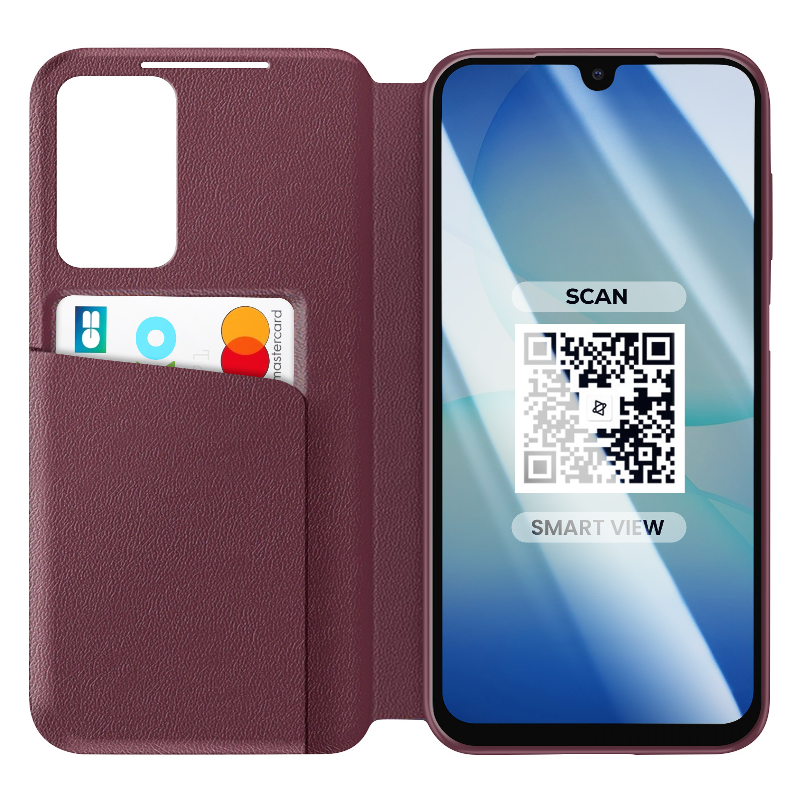 Custodia per telefono color vinaccia con slot per carte e codice QR sullo schermo.