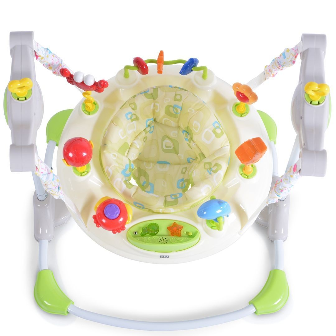 Baby-Spielcenter mit gepolstertem Sitz, bunten Spielzeugen und Aufhängungen.