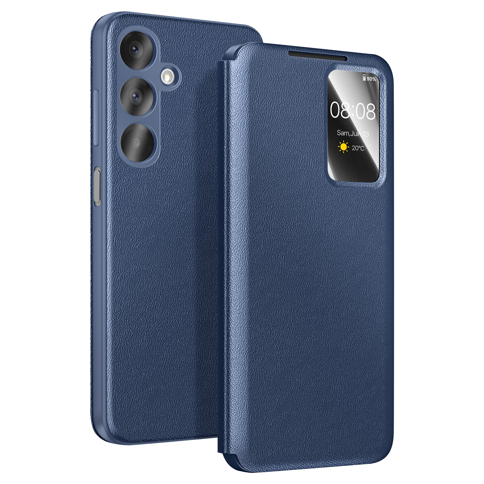 Telefono blu scuro con custodia a finestra. Mostra ora, data e meteo.