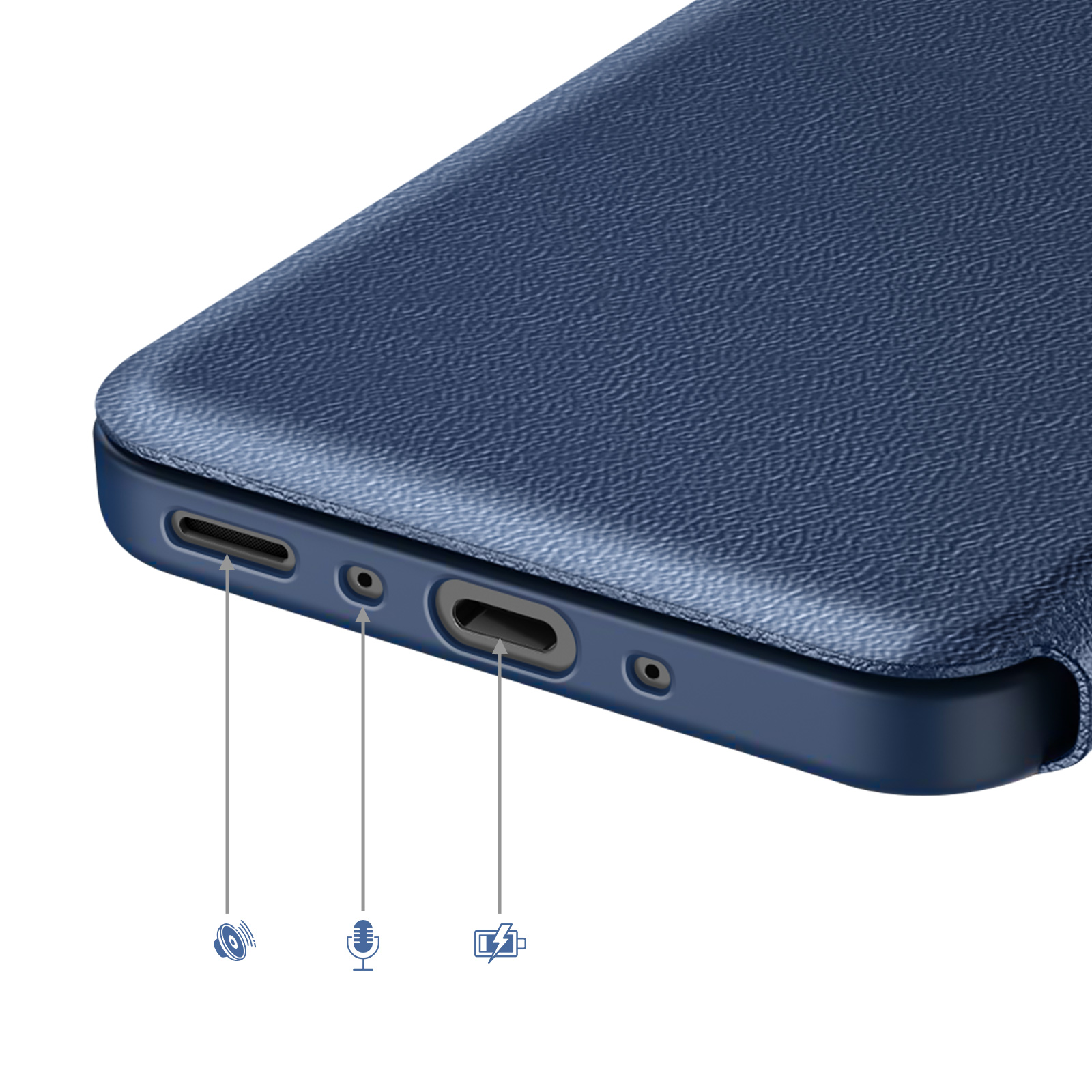 Custodia blu per telefono con porta di ricarica, microfono e icone altoparlante.
