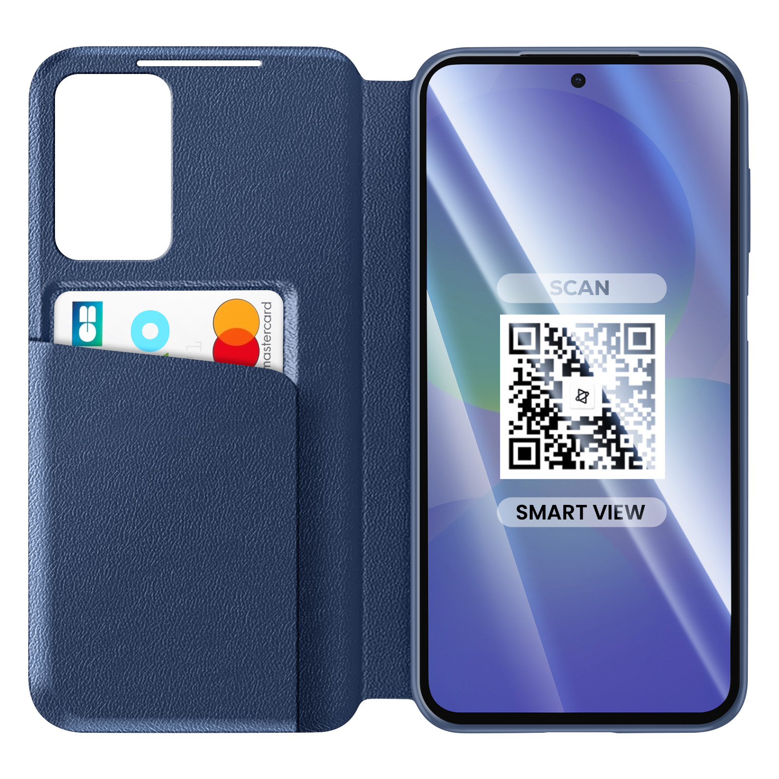 Custodia blu per telefono con portafoglio e codice QR sullo schermo.