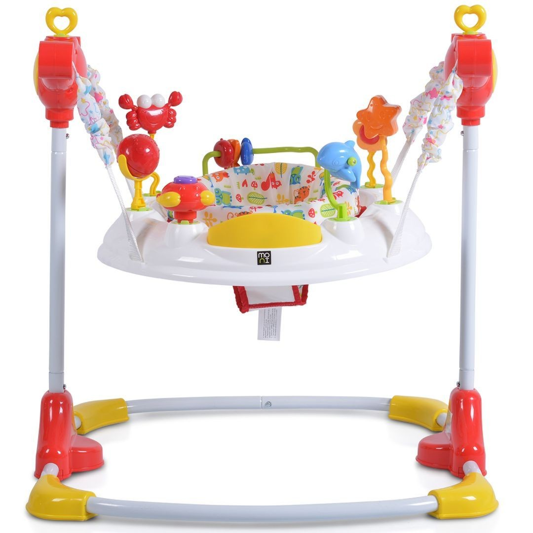 Ein bunter Baby-Jumper mit Spielzeug und Stofftieren. Weißer Sitz, rote und gelbe Ständer.