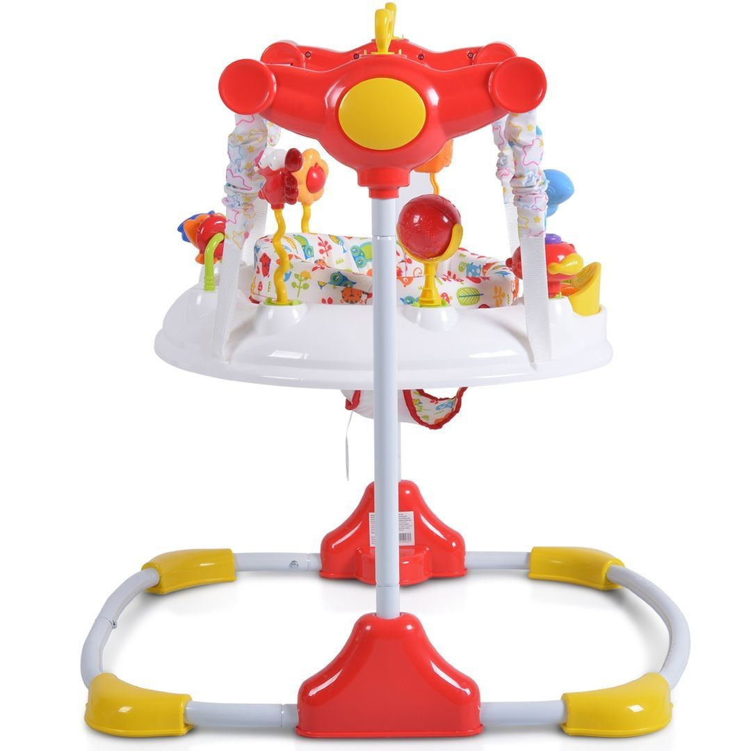 Ein bunter Baby-Jumper mit Spielzeug und einem Sitz in der Mitte.