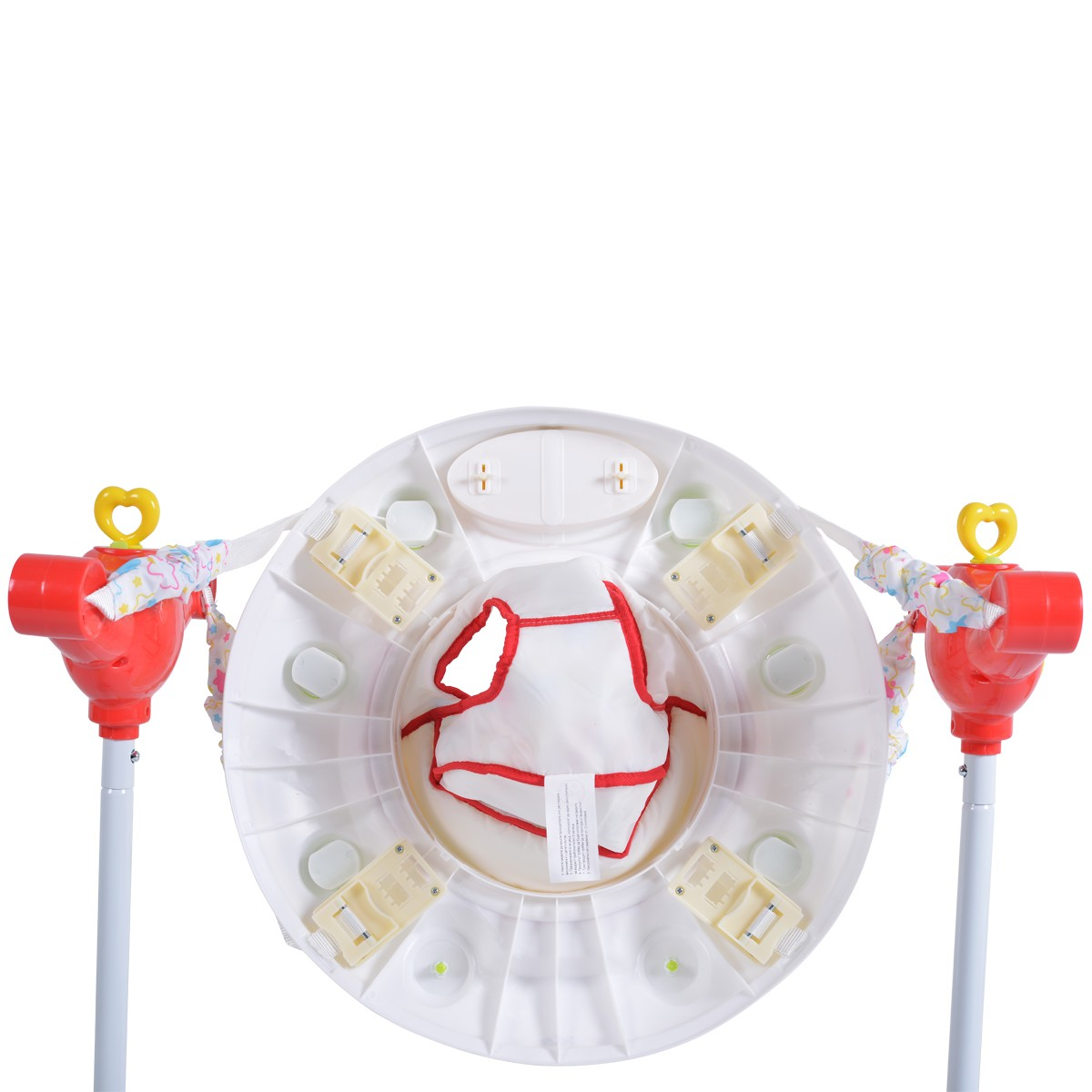 Weiße runde Baby-Spieldecke mit roten und gelben Elementen, weißem Stoff und Aufhängung.