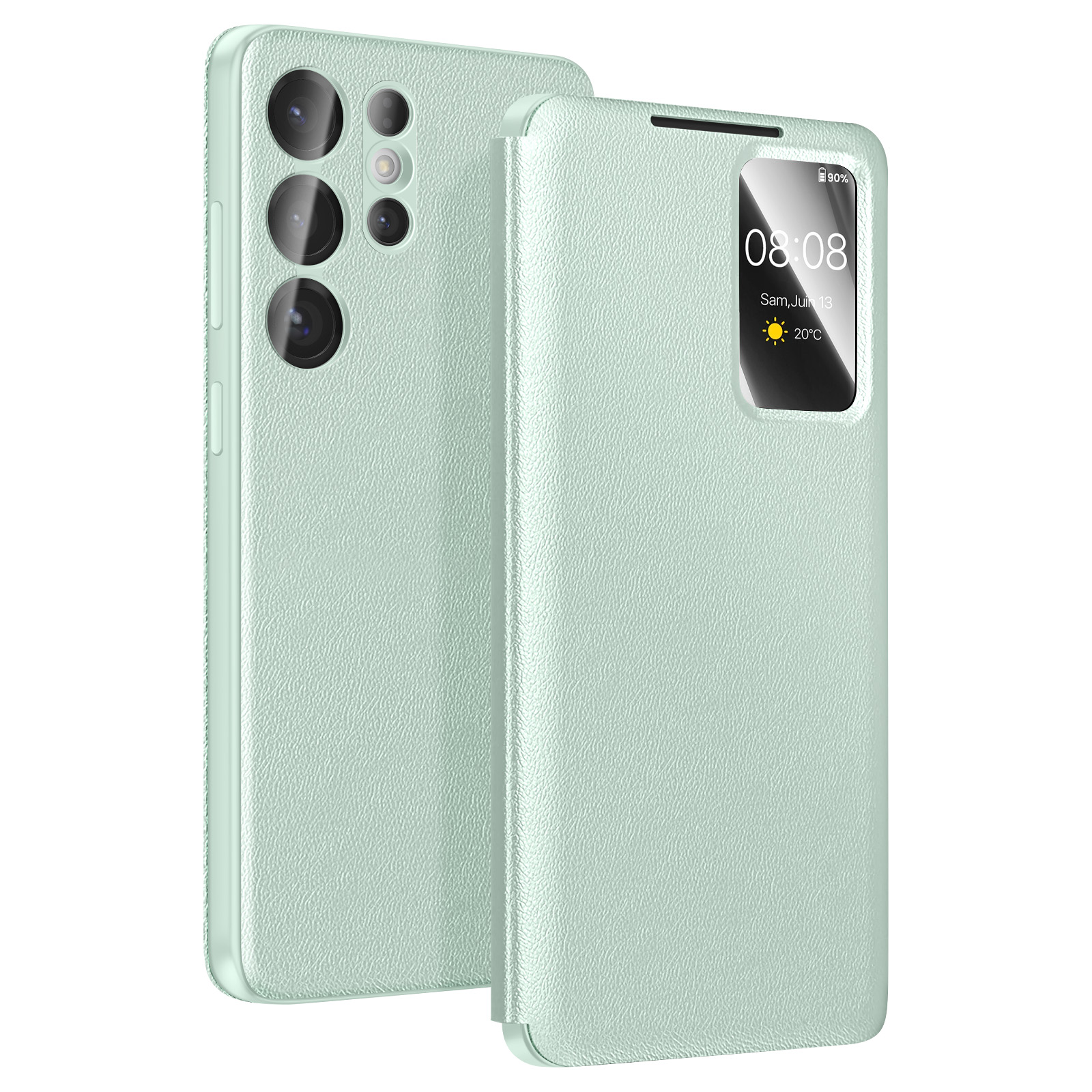 Un telefono verde chiaro con flip cover aperto che mostra le 08:08.