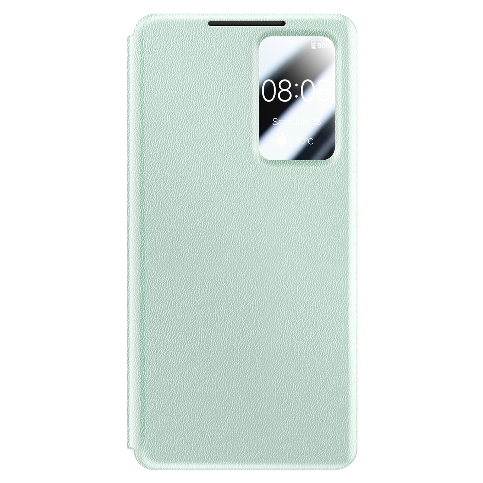 Custodia per telefono verde chiaro con finestra che mostra le 08:08.