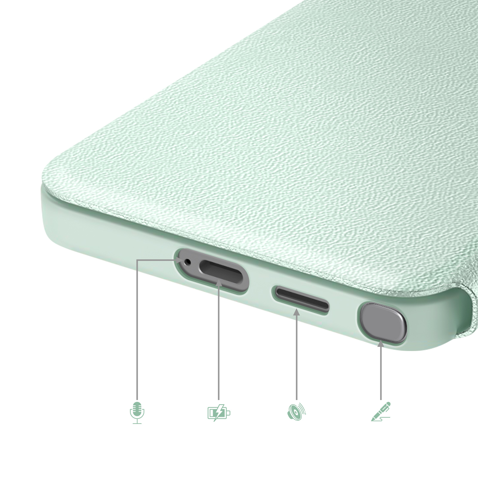 Primo piano di una custodia per telefono verde chiaro che mostra porte e icone per microfono, ricarica e stilo.