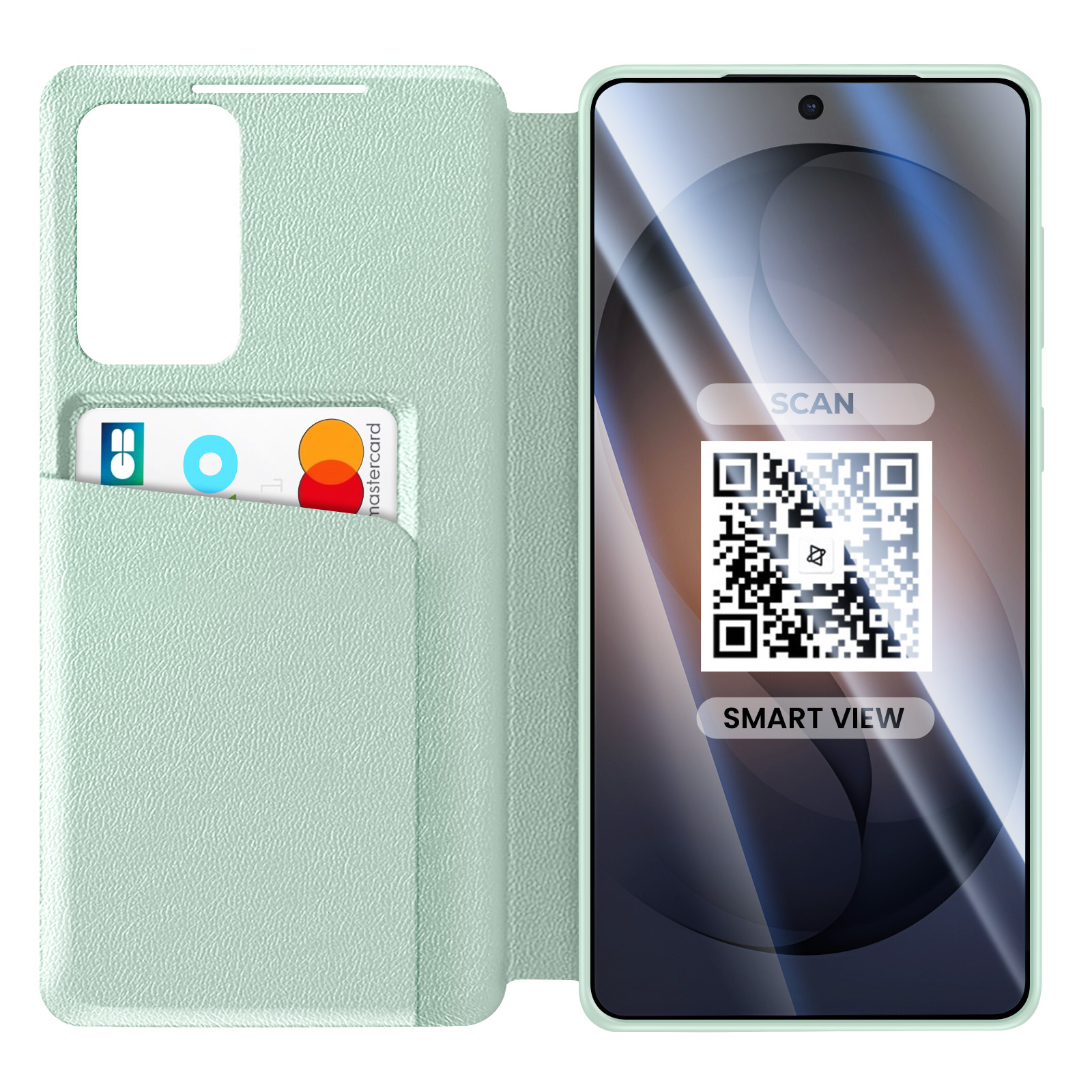 Custodia per telefono verde chiaro con slot per carte e Mastercard. Lo schermo mostra un codice QR.