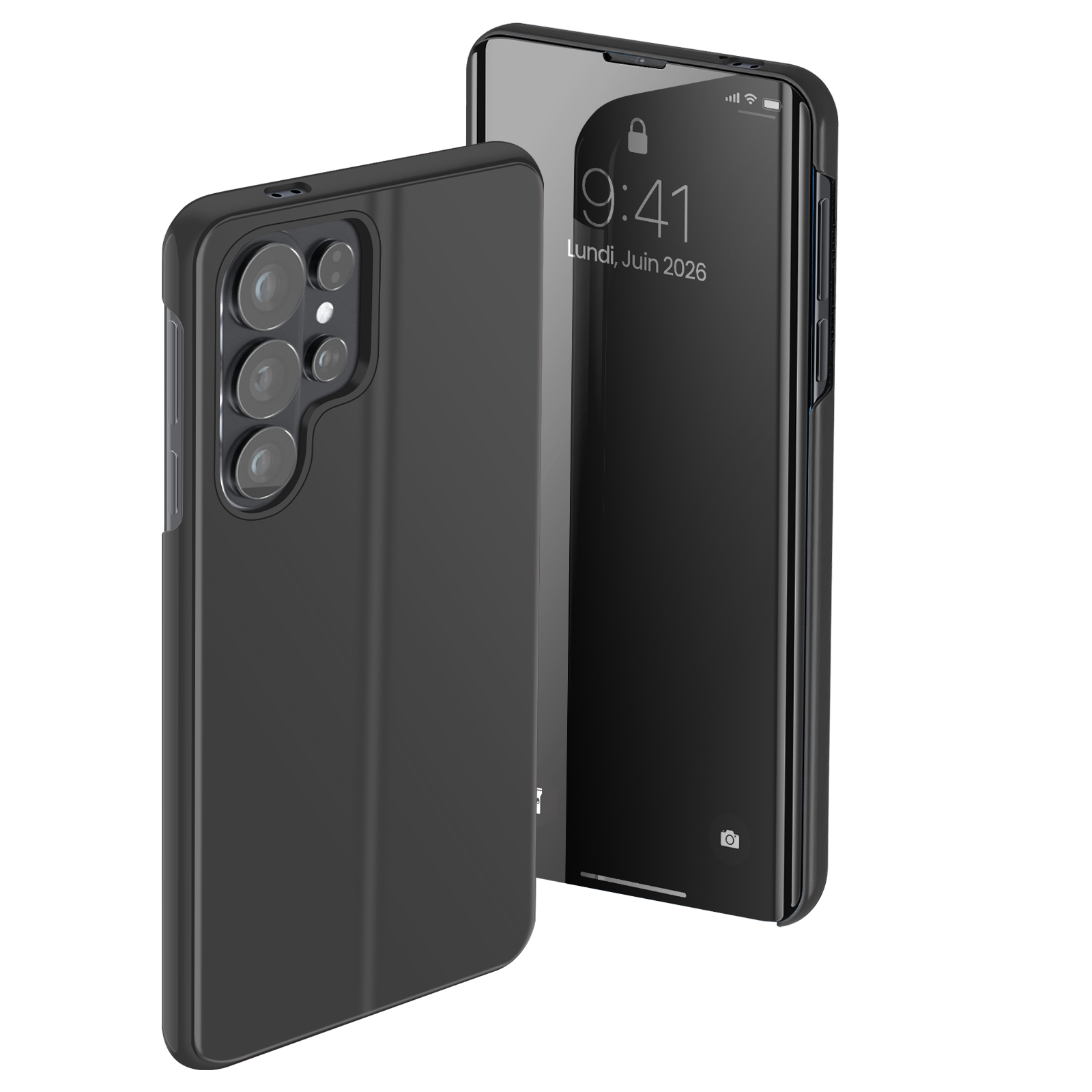 Coque de téléphone noire avec quatre caméras à côté d'un smartphone à écran verrouillé.