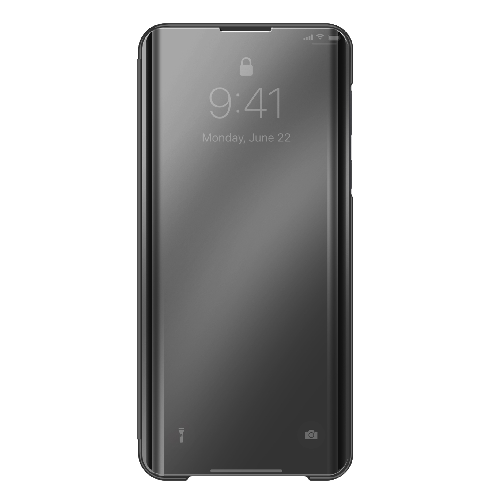 Coque de téléphone grise avec façade miroir affichant 9:41 et date.
