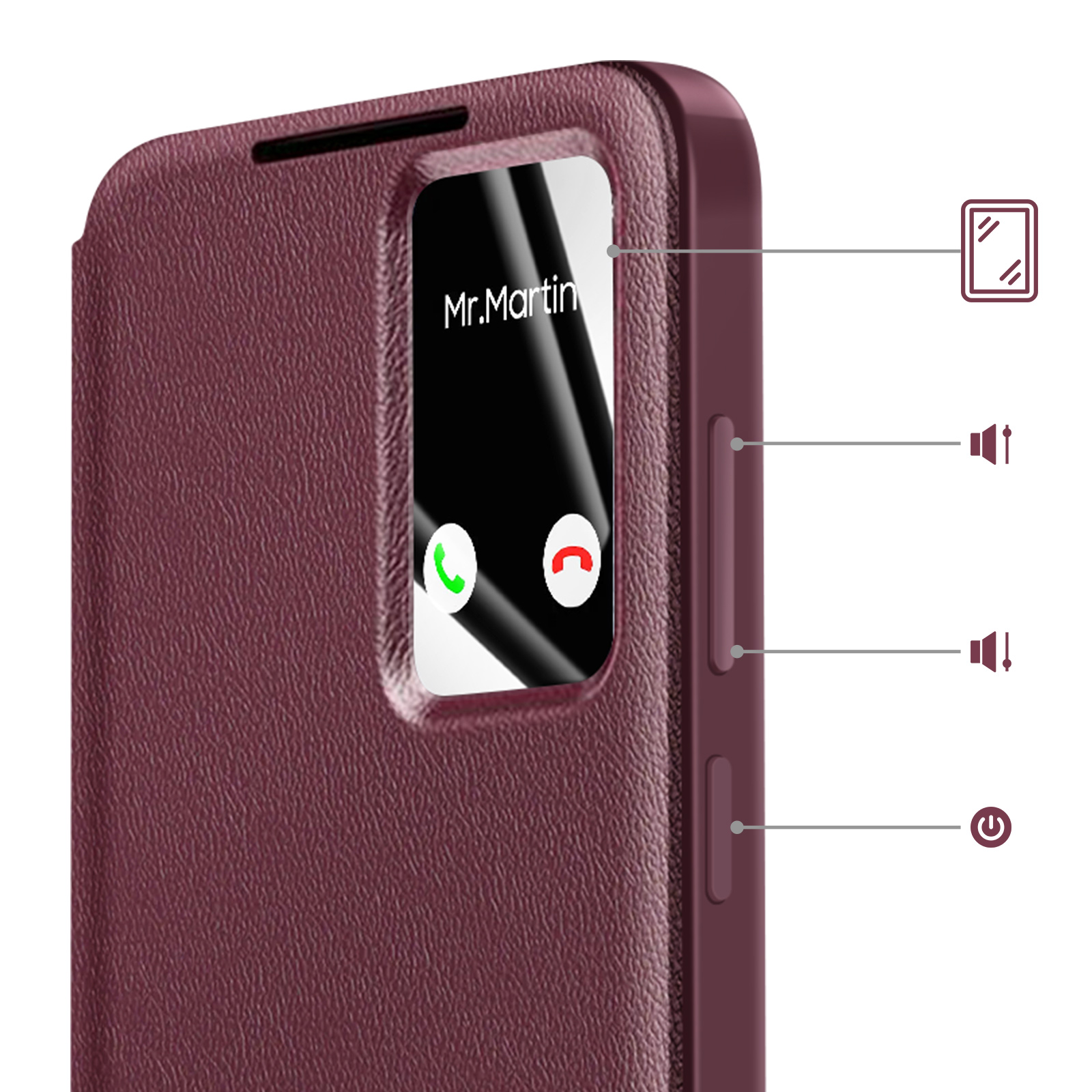Custodia per telefono color bordeaux con finestra mostra chiamata in arrivo.