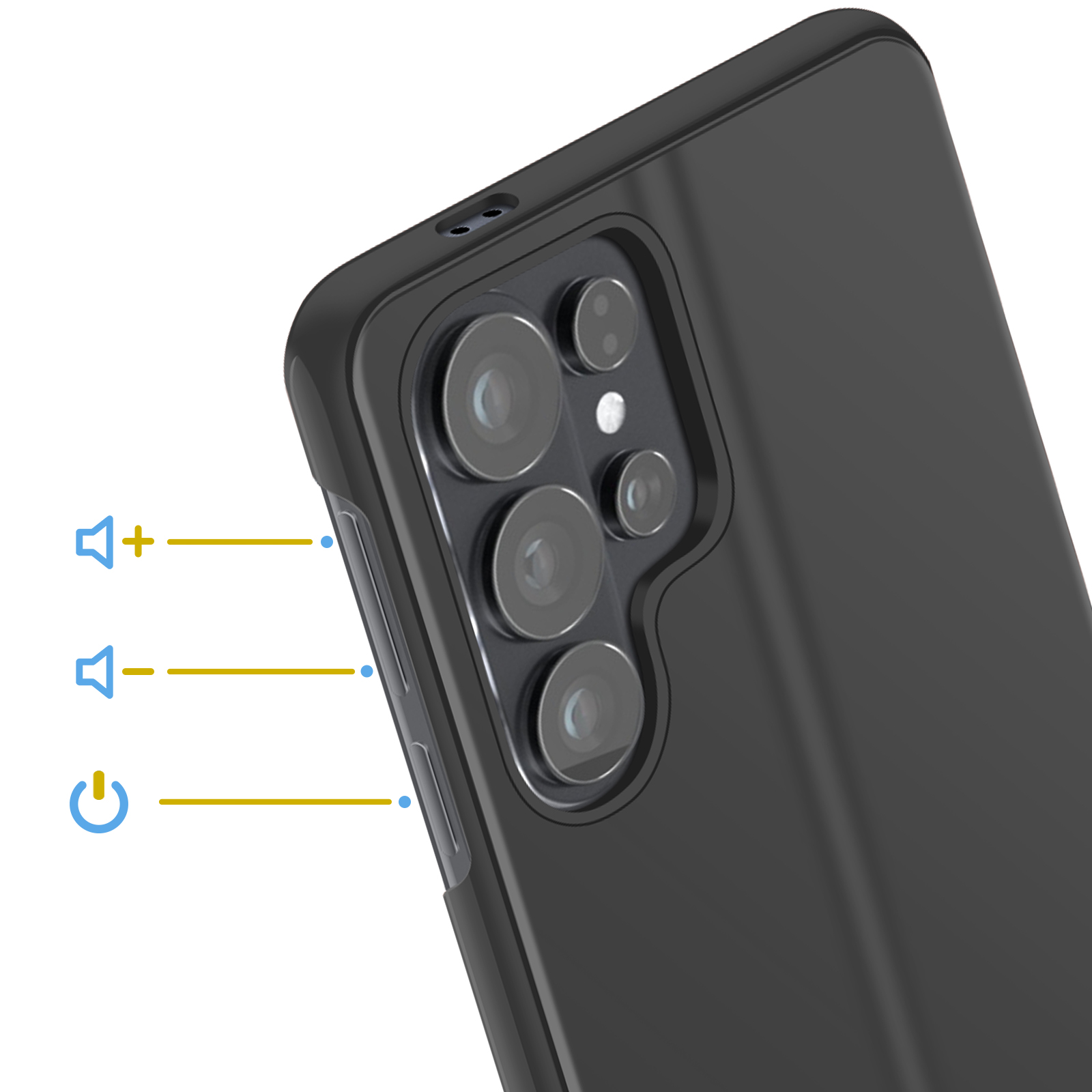 Téléphone noir avec quatre caméras et boutons volume/alimentation.