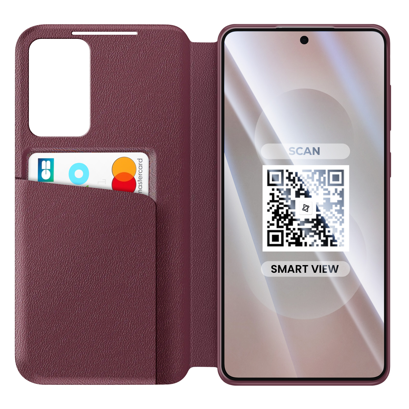 Una custodia per telefono color vinaccia con uno slot per carte che contiene una Mastercard. Lo schermo del telefono mostra un codice QR.