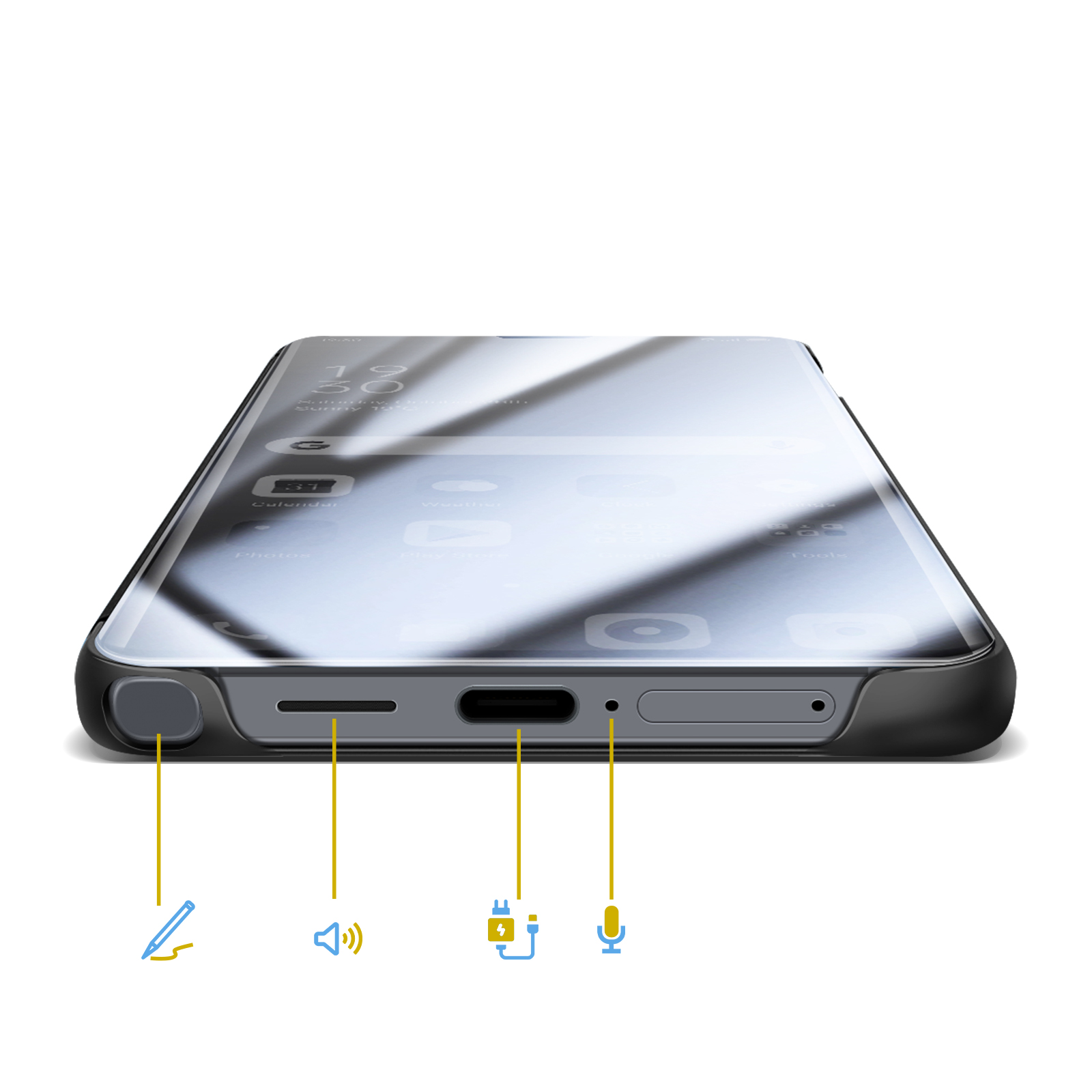 Smartphone avec emplacement stylet, haut-parleur, port de charge et microphone.