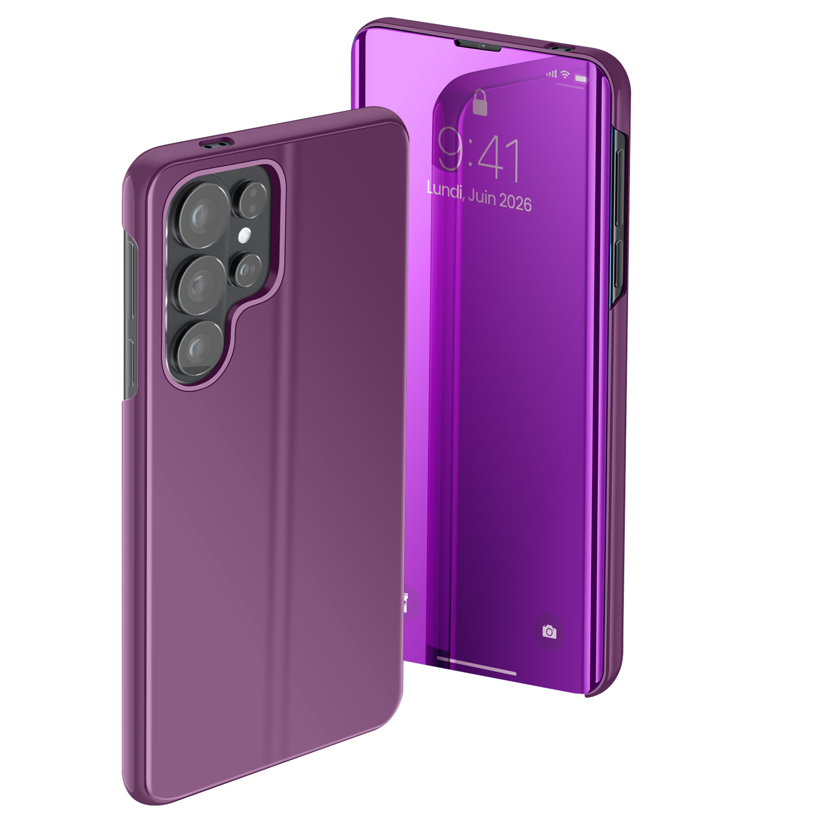 Coque de téléphone violette avec trois appareils photo et un téléphone miroir affichant l'heure.