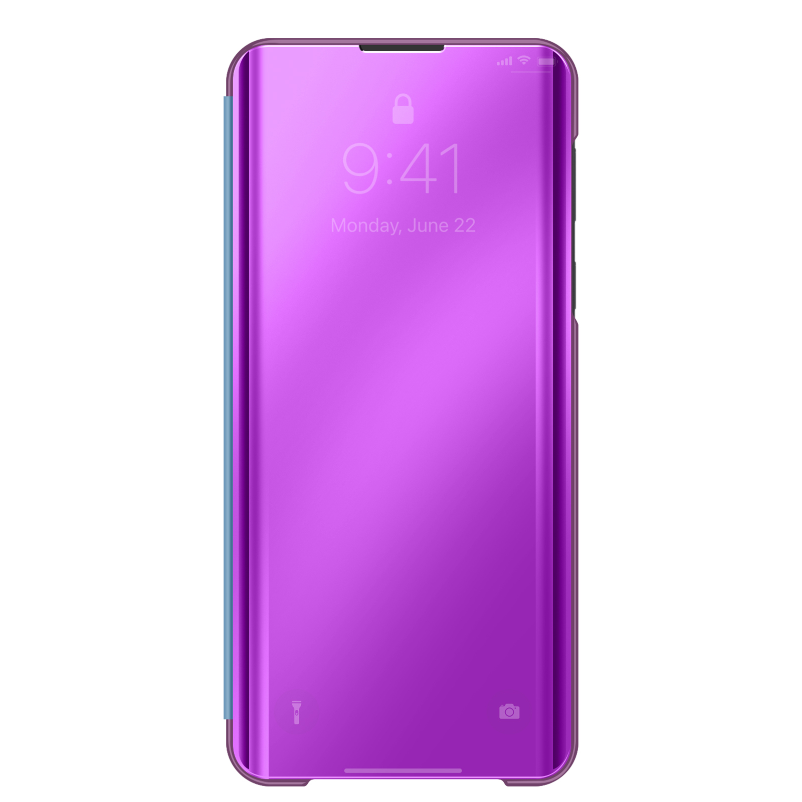 Coque de téléphone violette avec façade miroir affichant 9h41.
