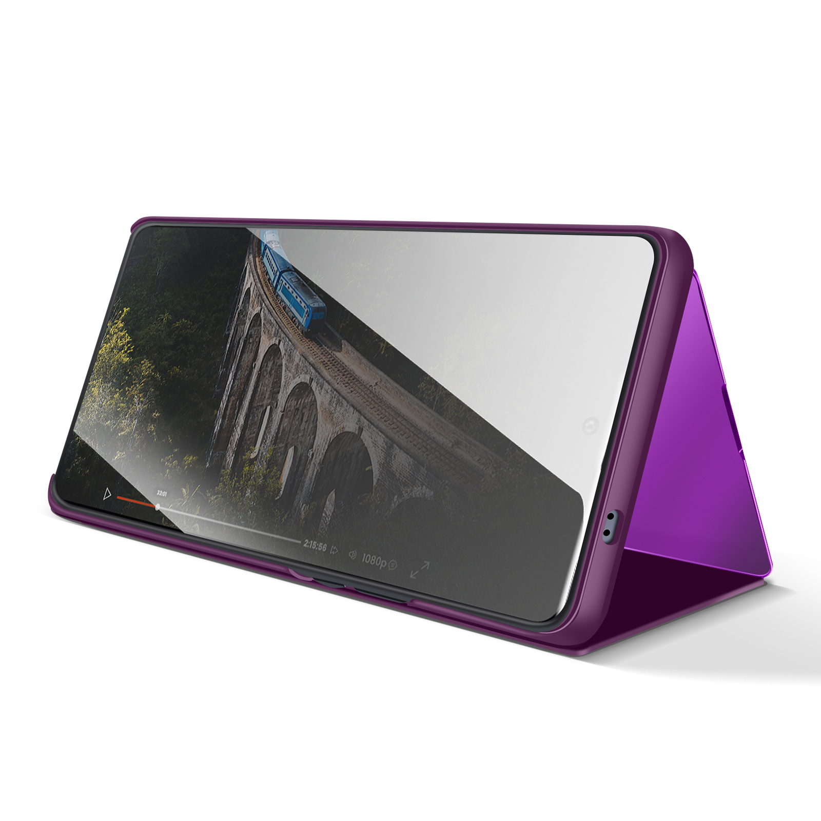 Un étui de téléphone violet est ouvert, affichant une vidéo d'un train sur un pont.