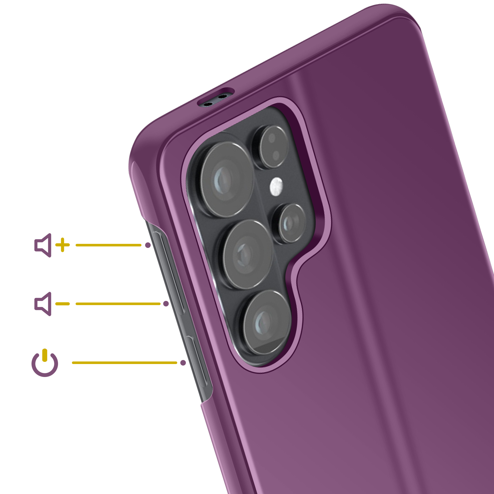 Coque de téléphone violette avec module caméra et boutons. Icônes volume et alimentation.
